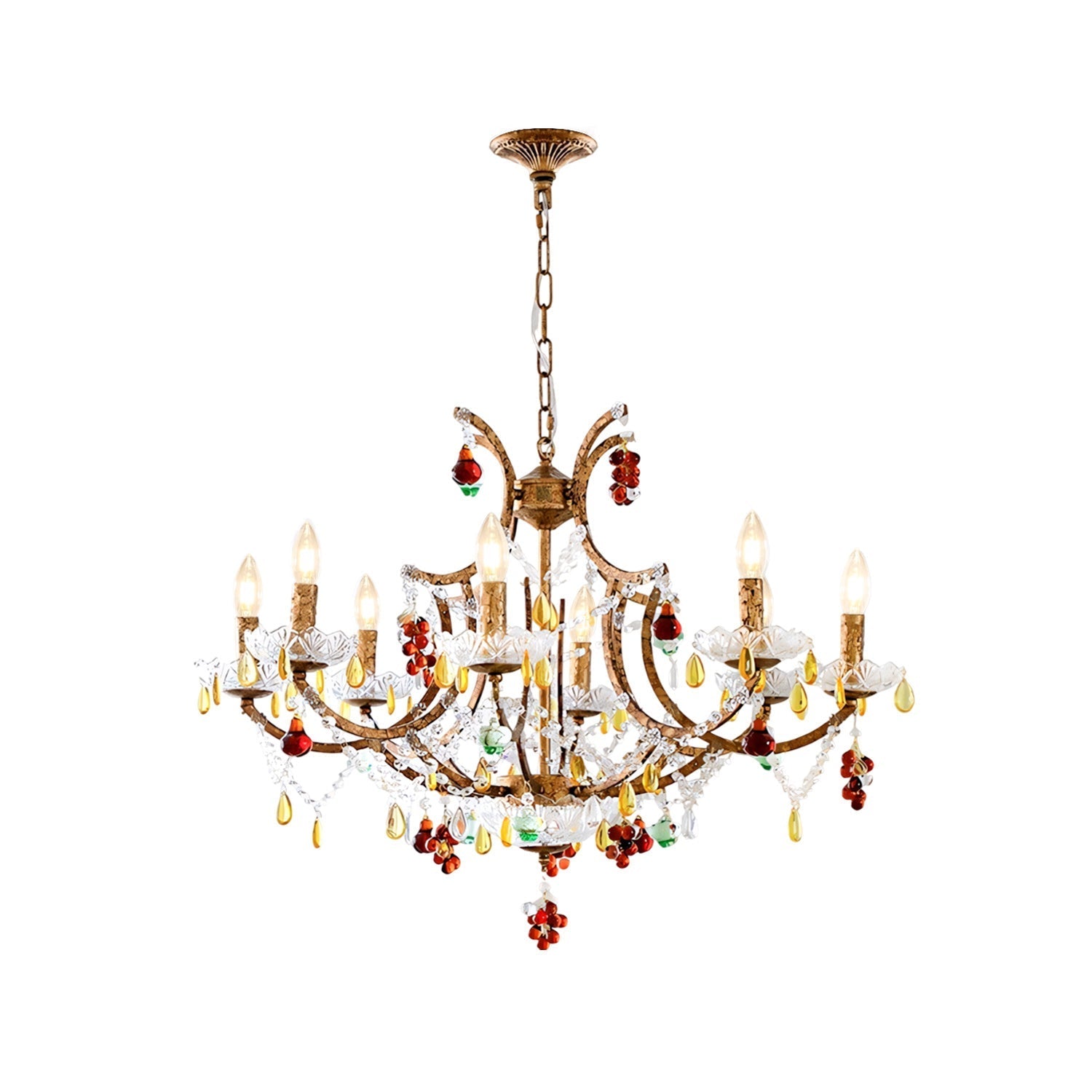 Lyra Isadora Chandelier with a vintage gold leaf frame and multicolor crystal droplets.