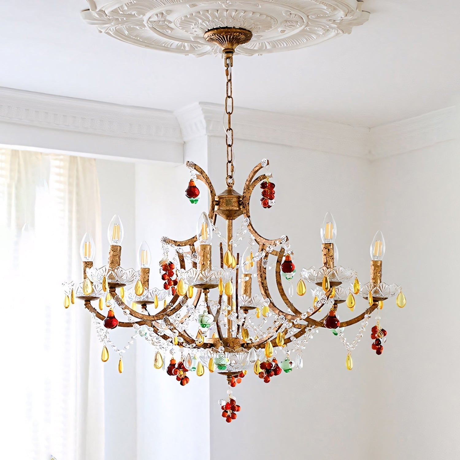 Close-up view of the red, green, and amber crystal droplets on the Lyra Isadora Chandelier.