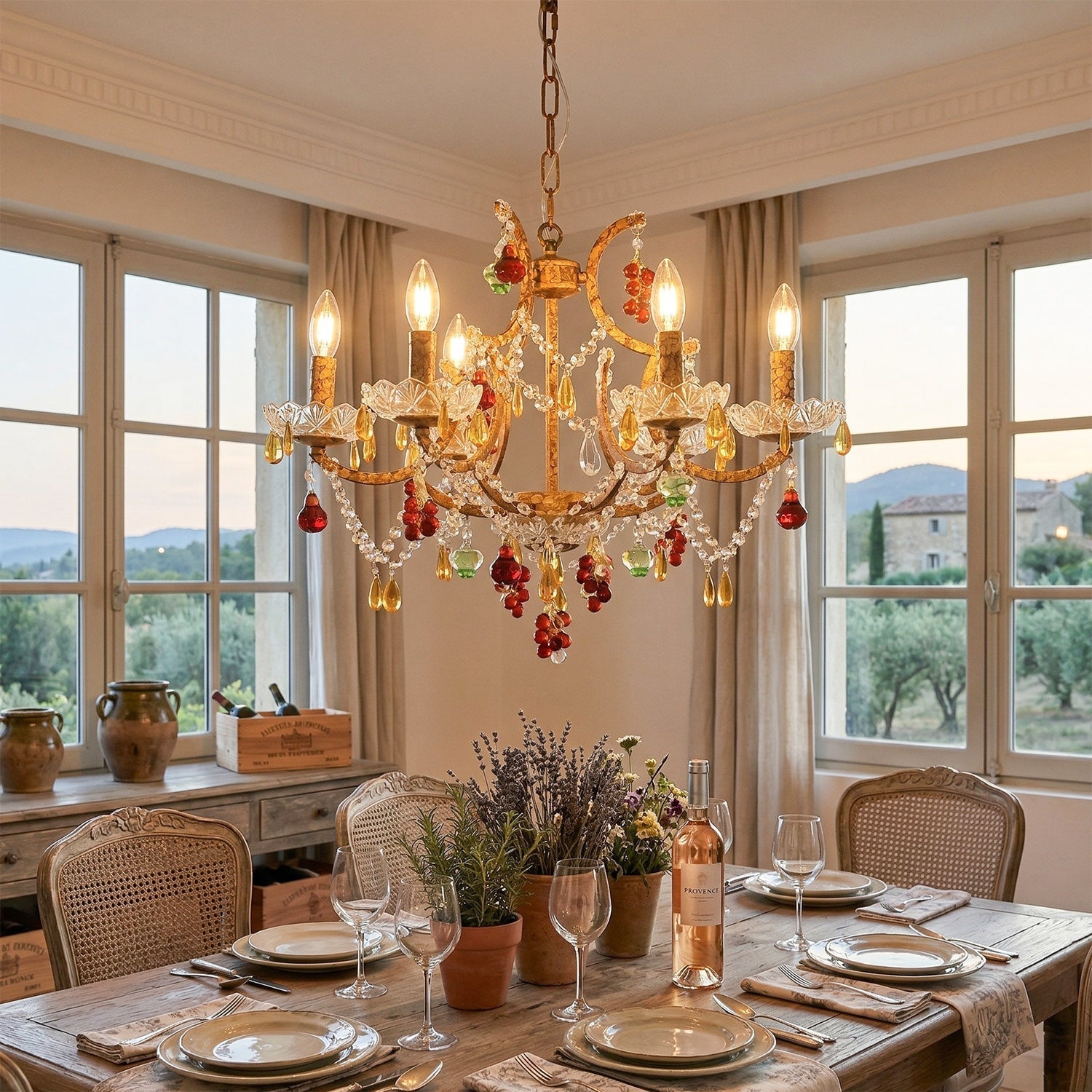 Side profile of the chandelier against a plain wall, showcasing its shape.
