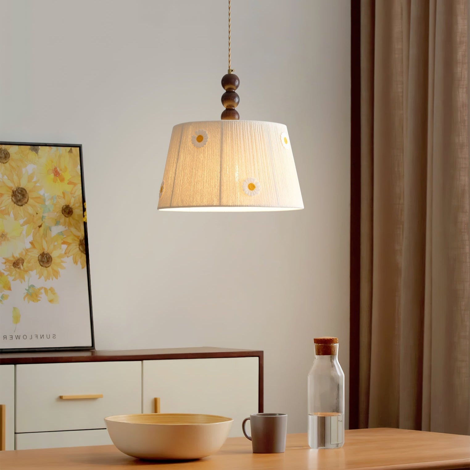 Close-up of the embroidered daisy detail on the Lytham Pendant Light shade.