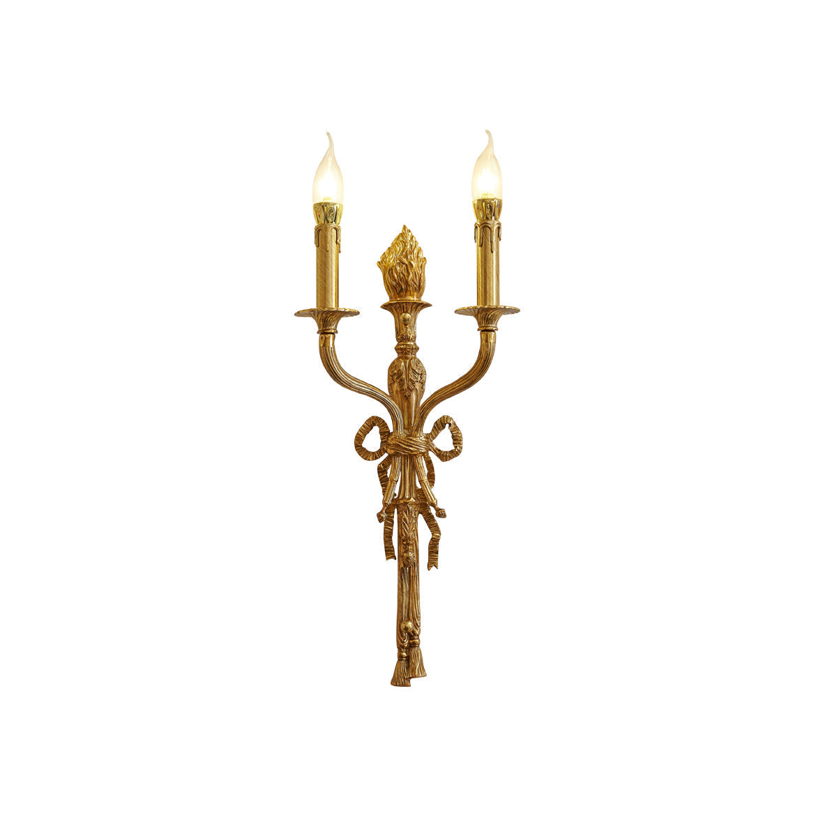 Front view of the Madeleine Brass Wall Lamp with a ribbon motif.
