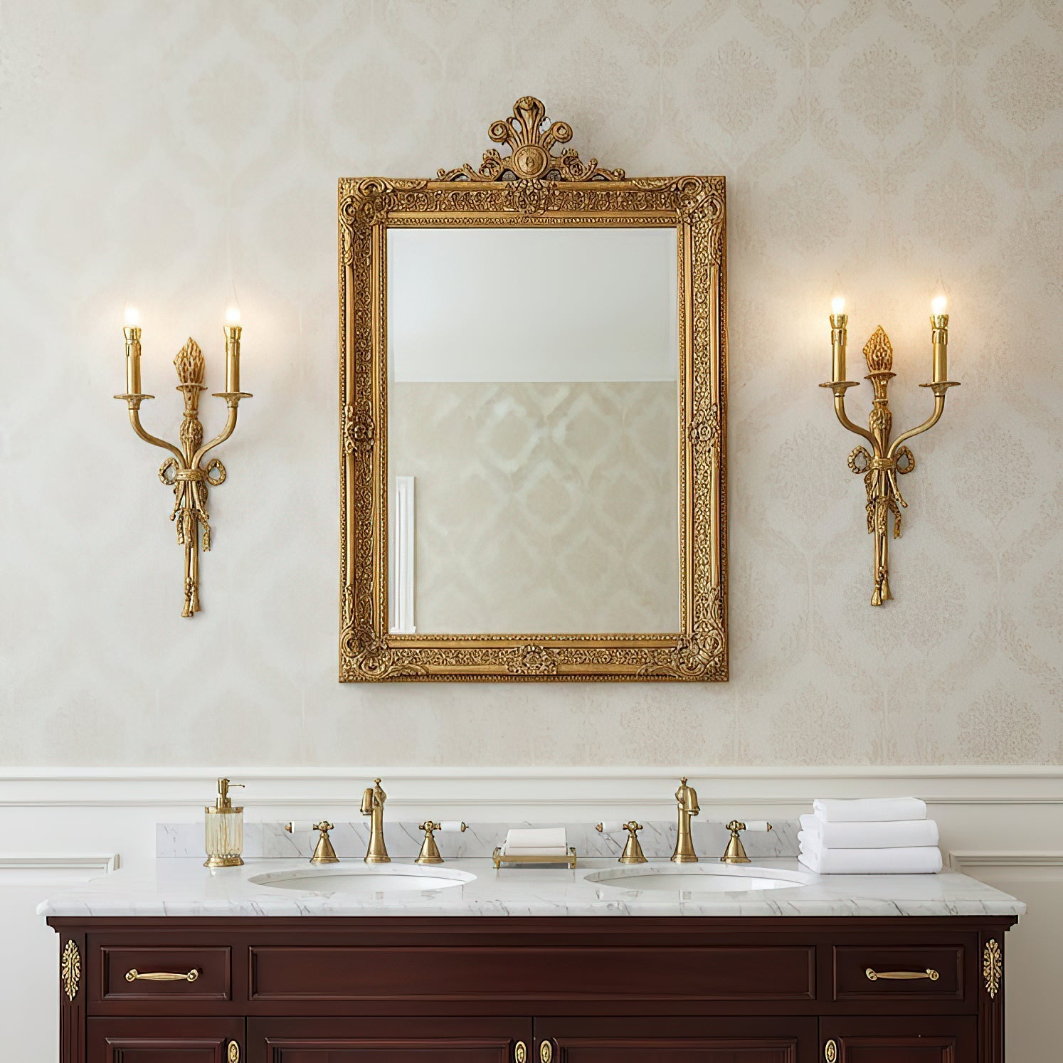 Angled view of the two-light Madeleine Brass Wall Lamp.