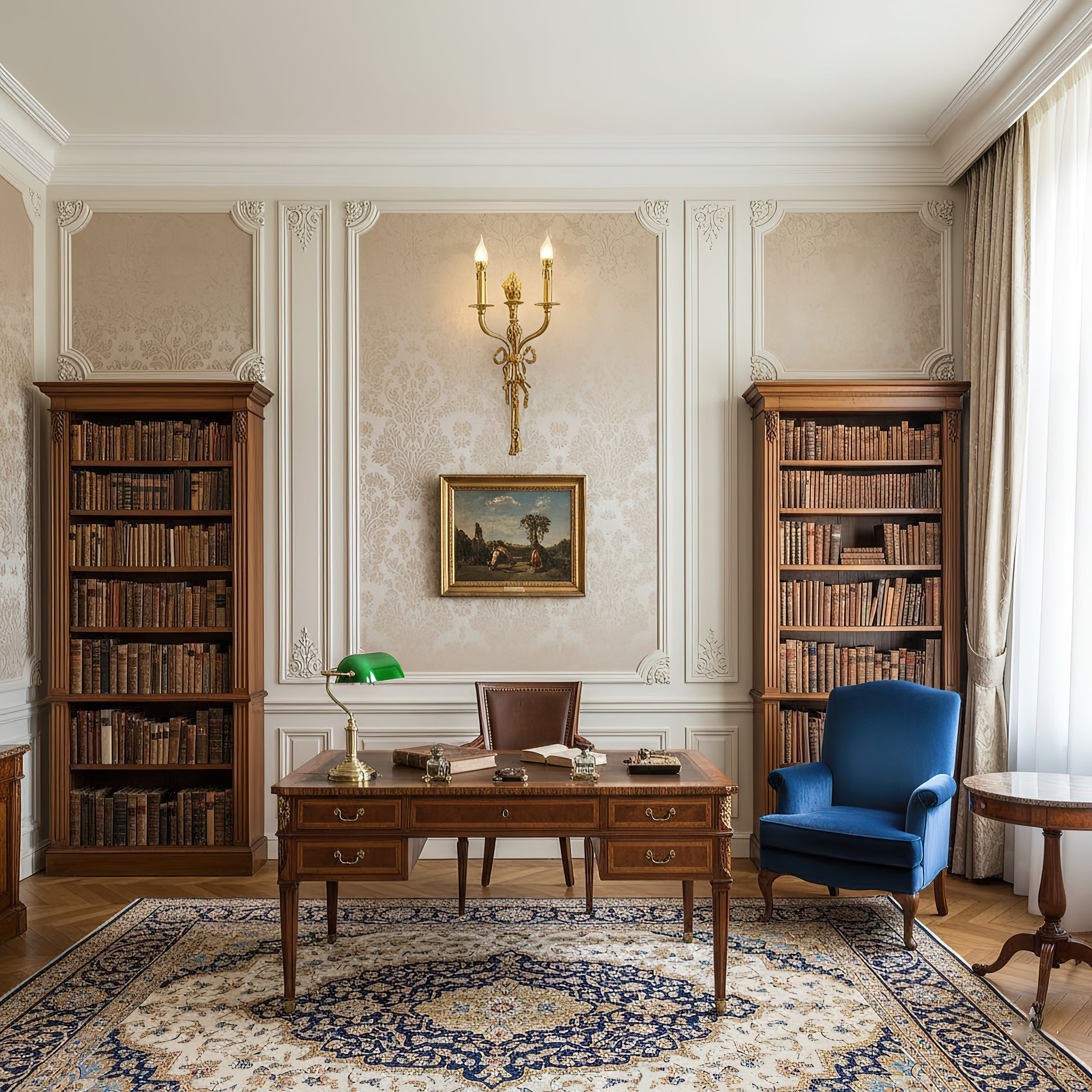 Madeleine Brass Wall Lamp shown in a classic living room setting.
