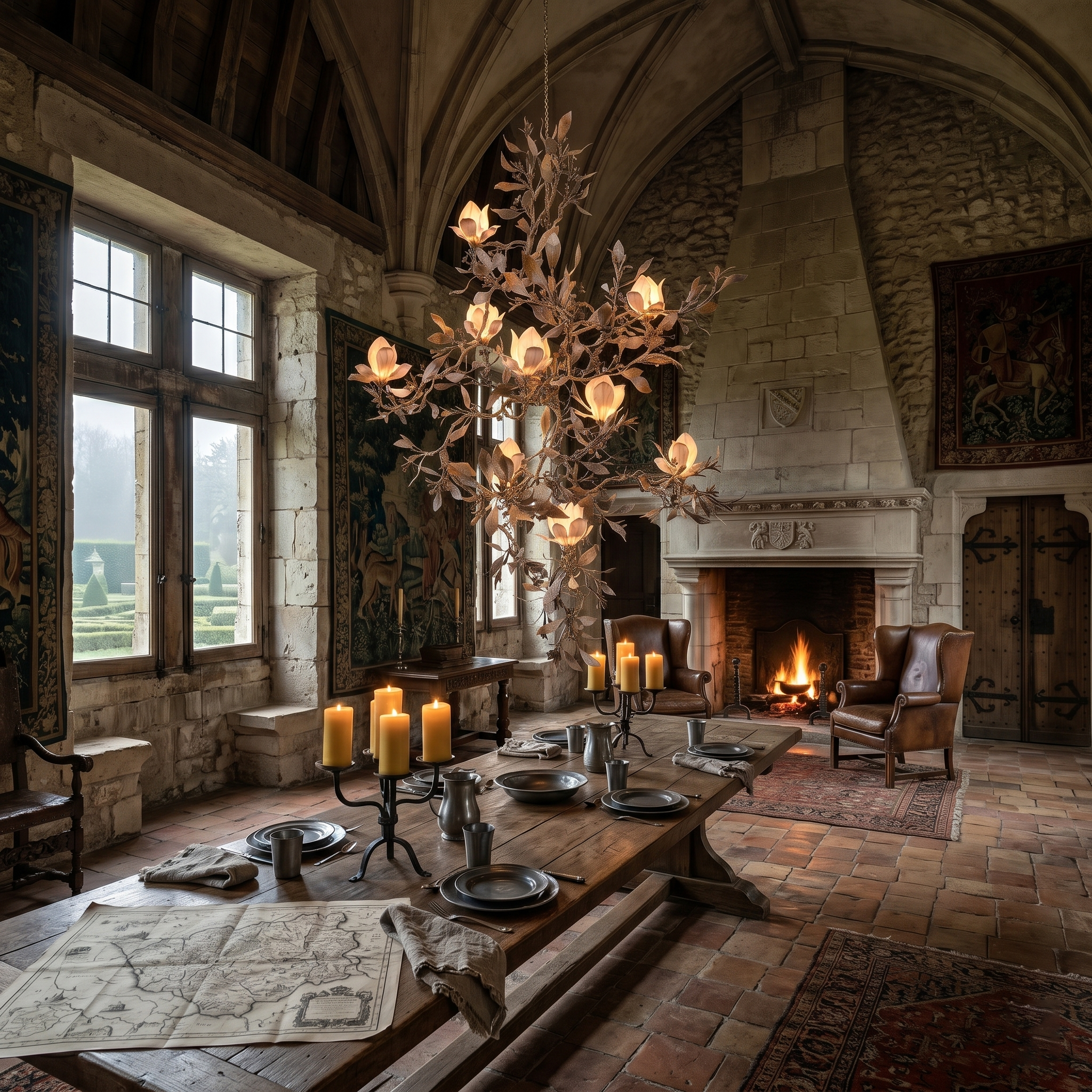 The Magnolia Grandiflora Chandelier illuminated in a luxurious living space.