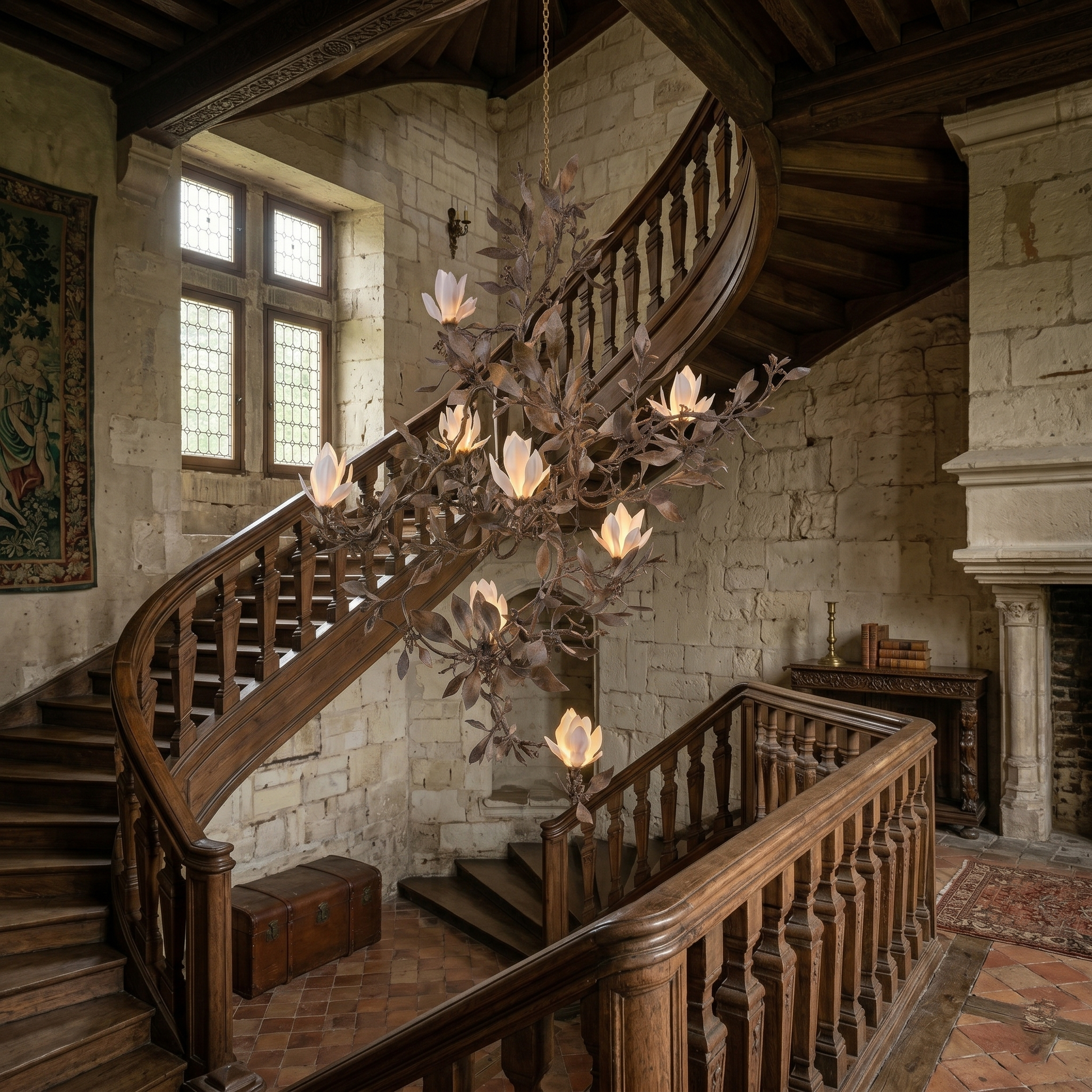 Full view of the chandelier in an estate great room, showing its impressive scale.