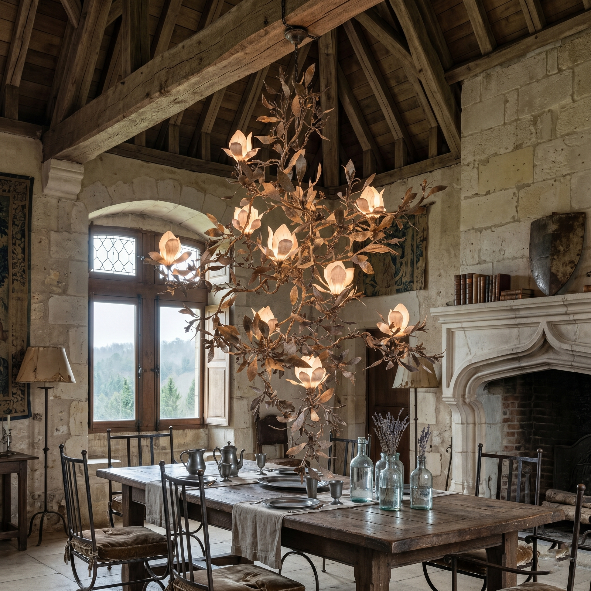 Side profile of the large-scale botanical chandelier.