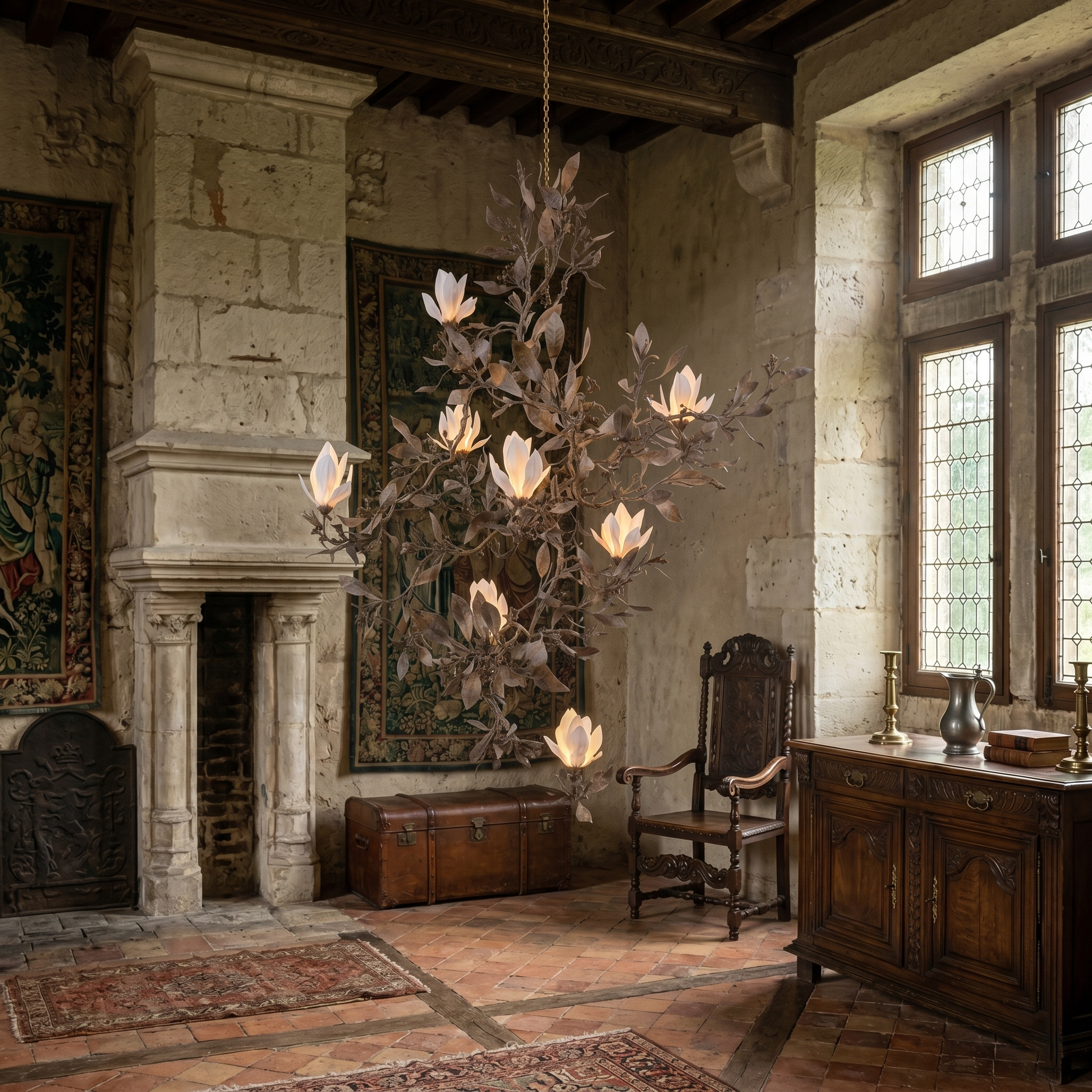 View from below of the sprawling canopy of the Magnolia Grandiflora Chandelier.