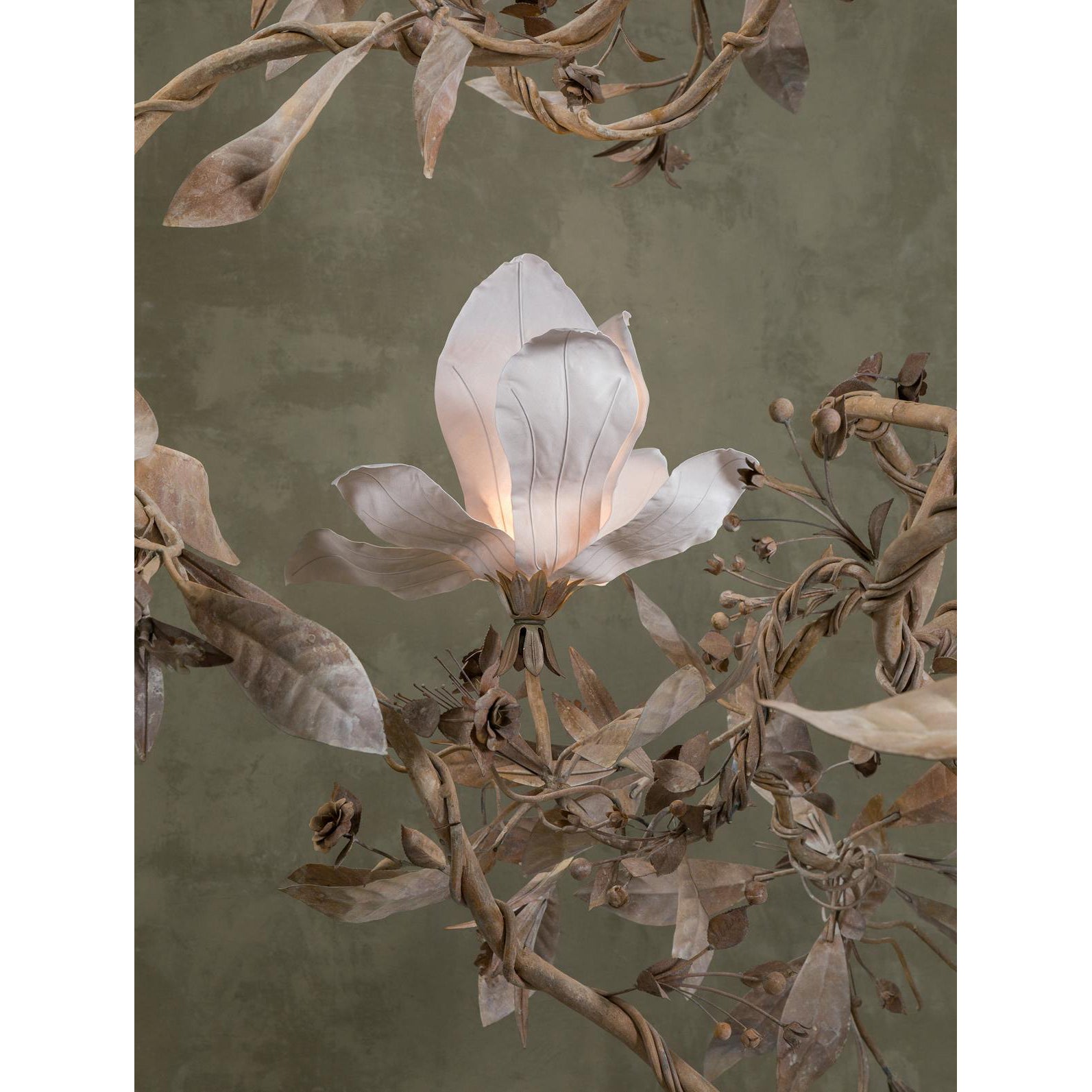 A wide shot showing the full height and width of the Magnolia Grandiflora Chandelier.