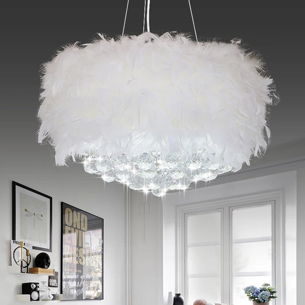 O'Moore Modern Luxury Round Chandelier, Feather/Crystal, White - Neutral Decor