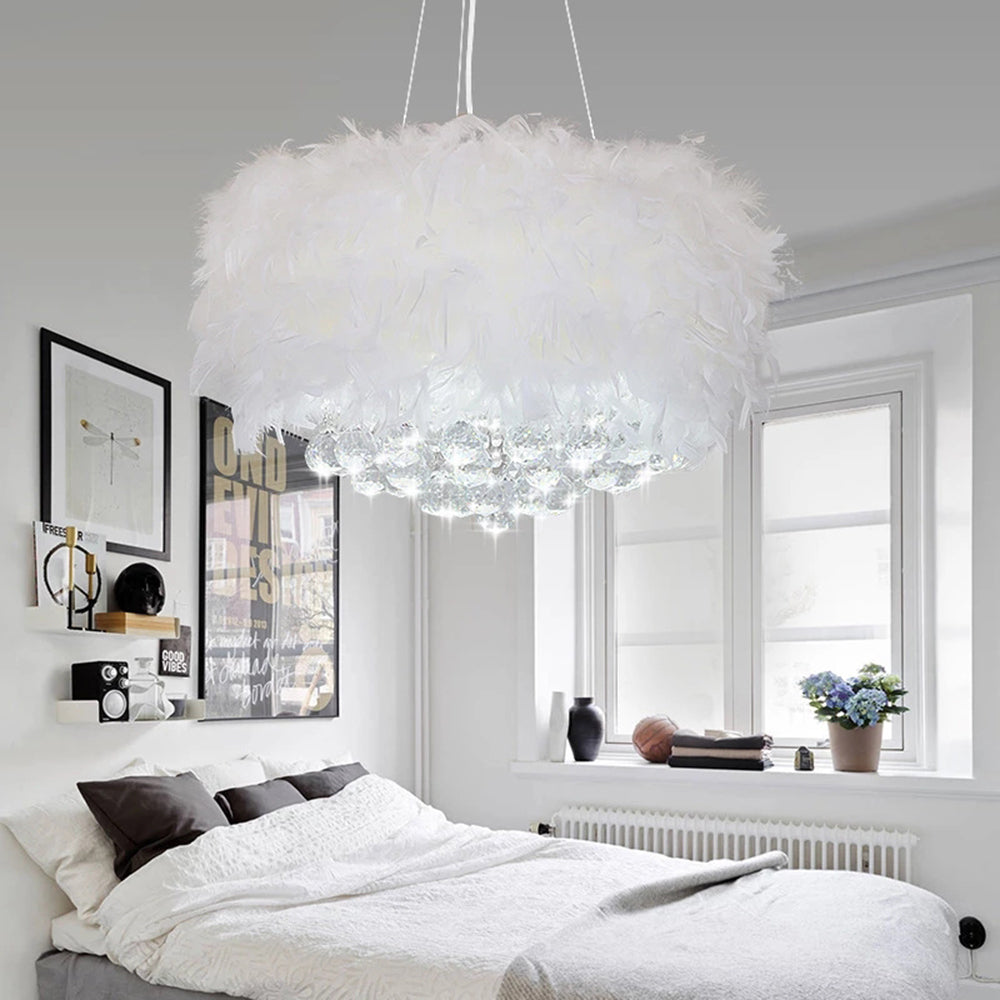 O'Moore Modern Luxury Round Chandelier, Feather/Crystal, White - Neutral Decor