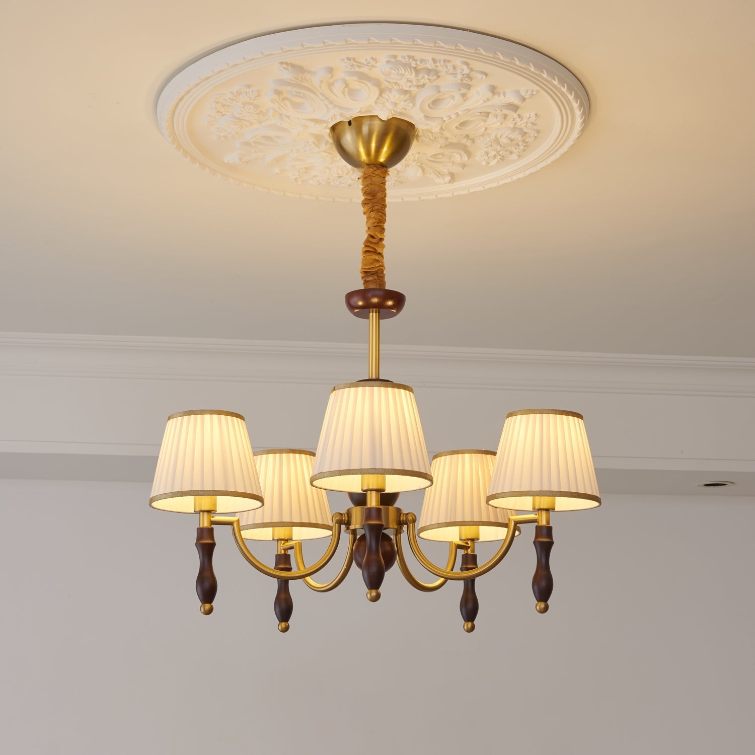Goro Chandelier Floral Shades and Walnut-Neutral Decor
