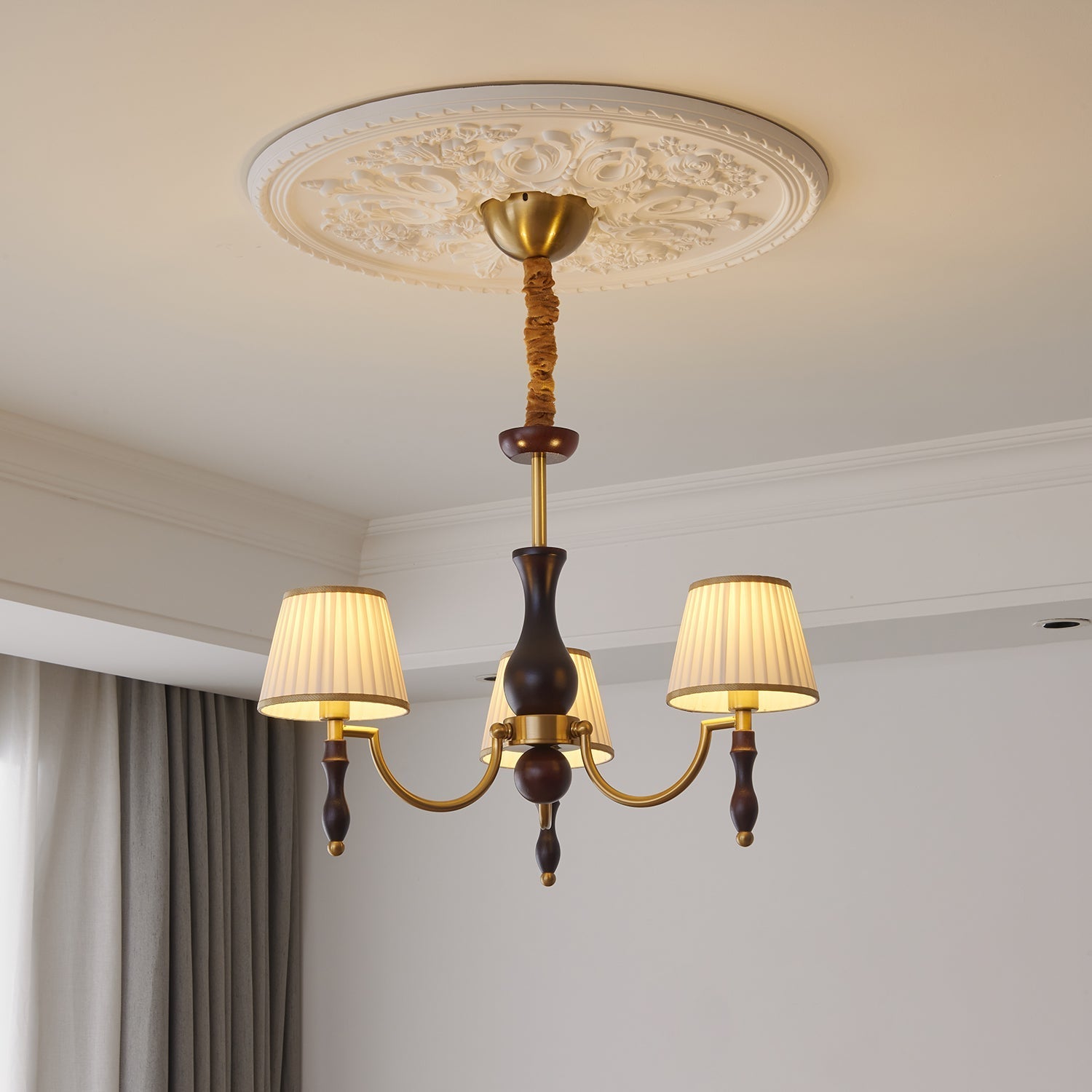 Goro Chandelier Floral Shades and Walnut-Neutral Decor