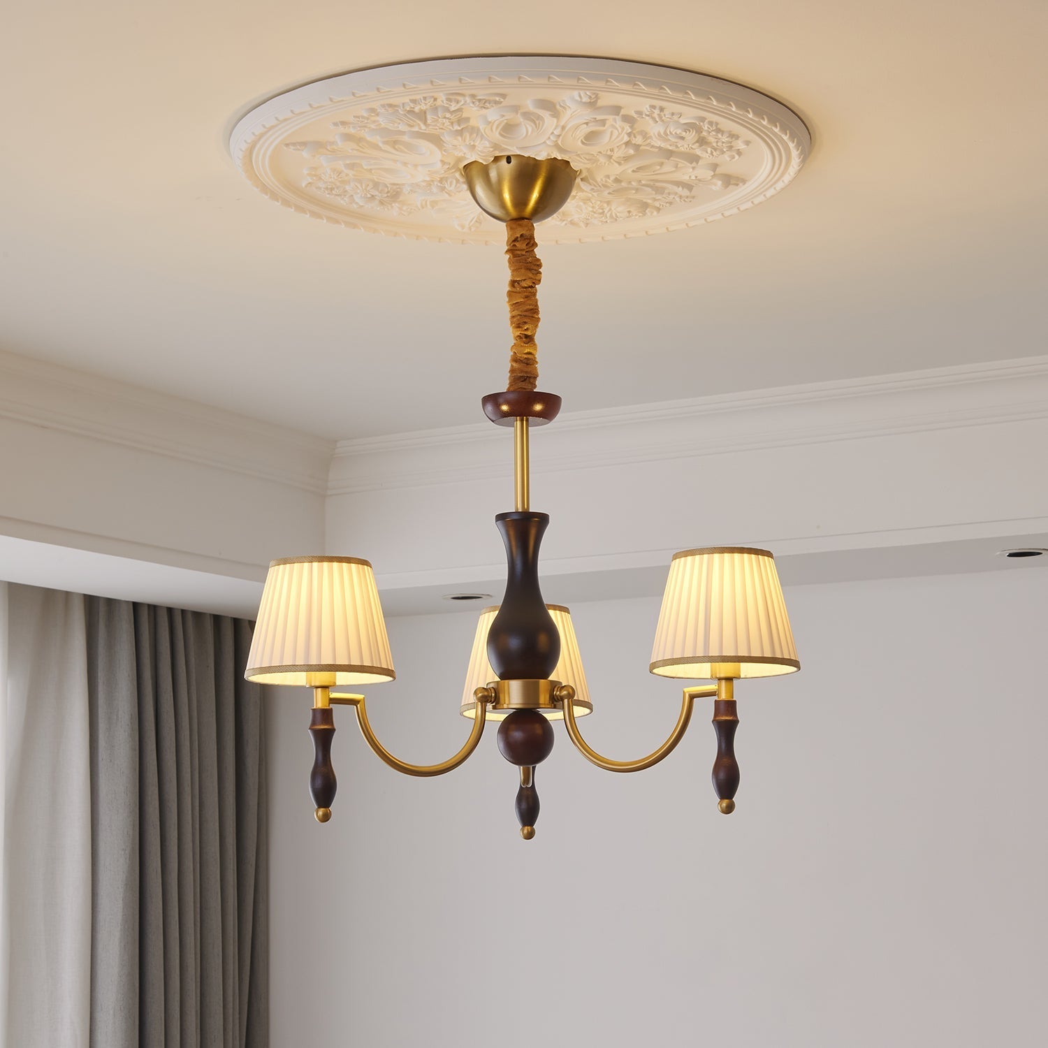 Goro Chandelier Floral Shades and Walnut-Neutral Decor