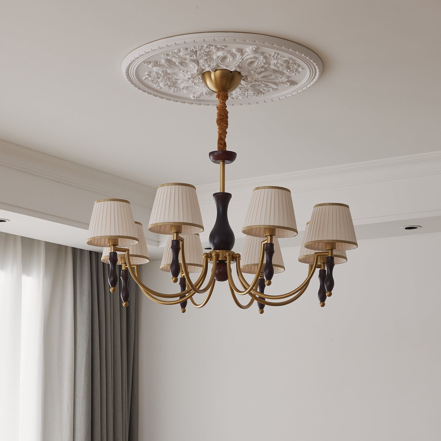 Goro Chandelier Floral Shades and Walnut-Neutral Decor