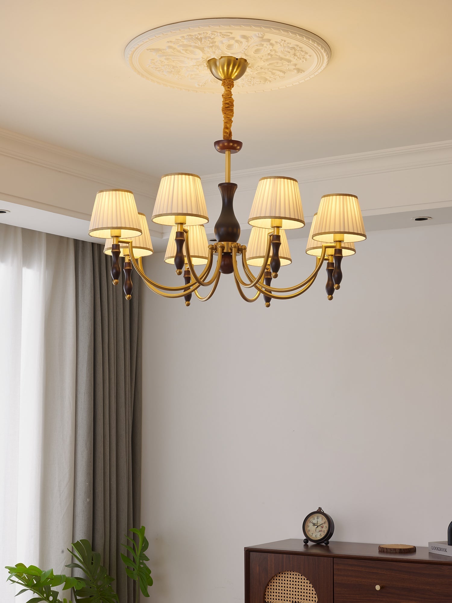 Goro Chandelier Floral Shades and Walnut-Neutral Decor