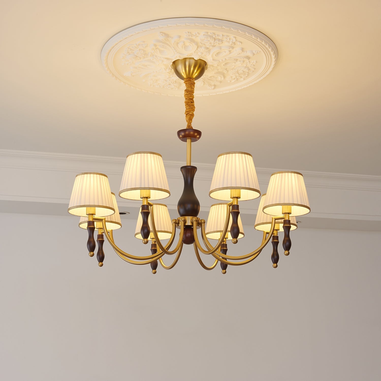 Goro Chandelier Floral Shades and Walnut-Neutral Decor