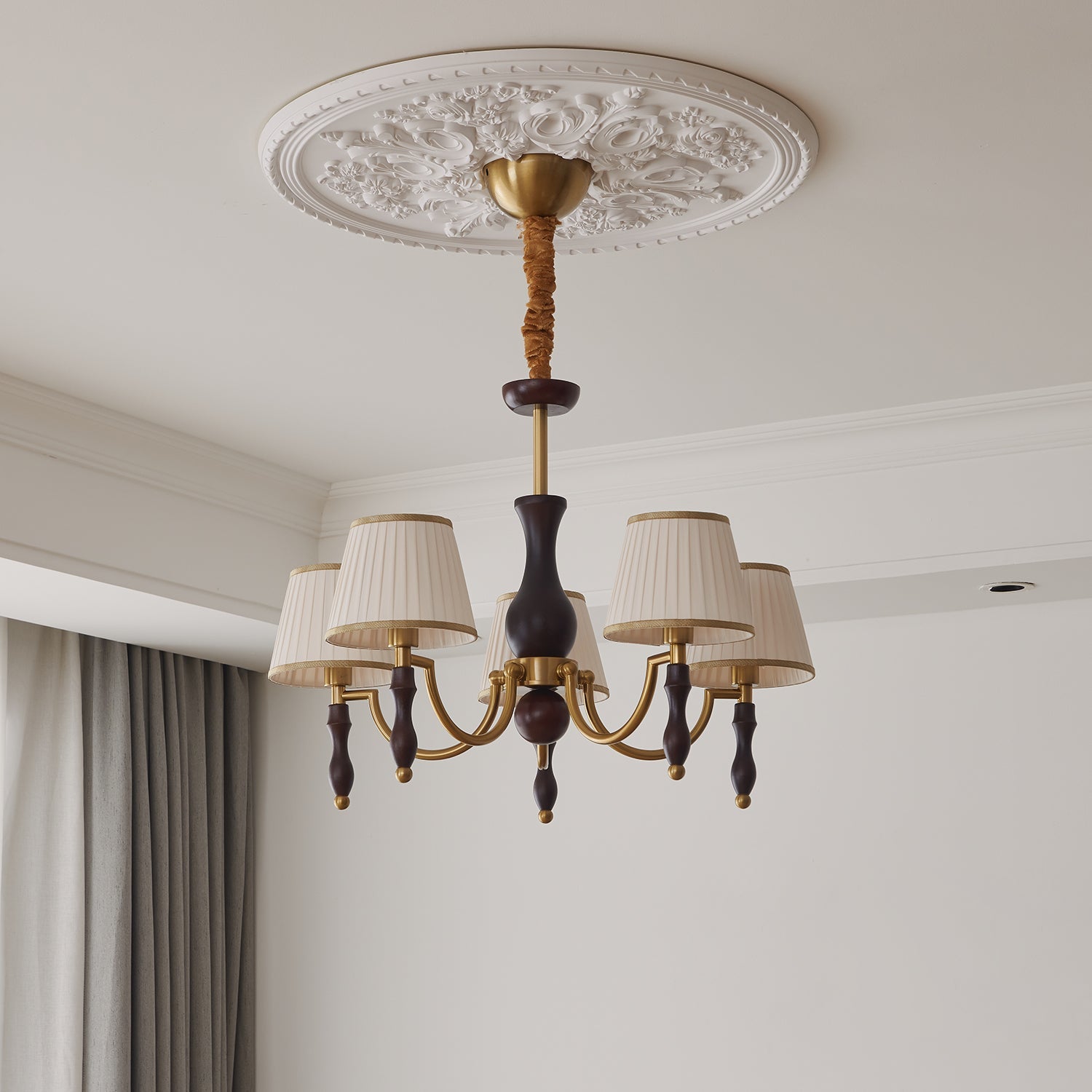 Goro Chandelier Floral Shades and Walnut-Neutral Decor