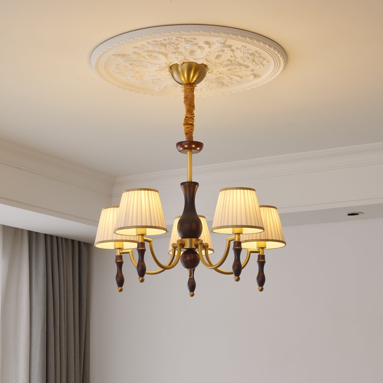 Goro Chandelier Floral Shades and Walnut-Neutral Decor