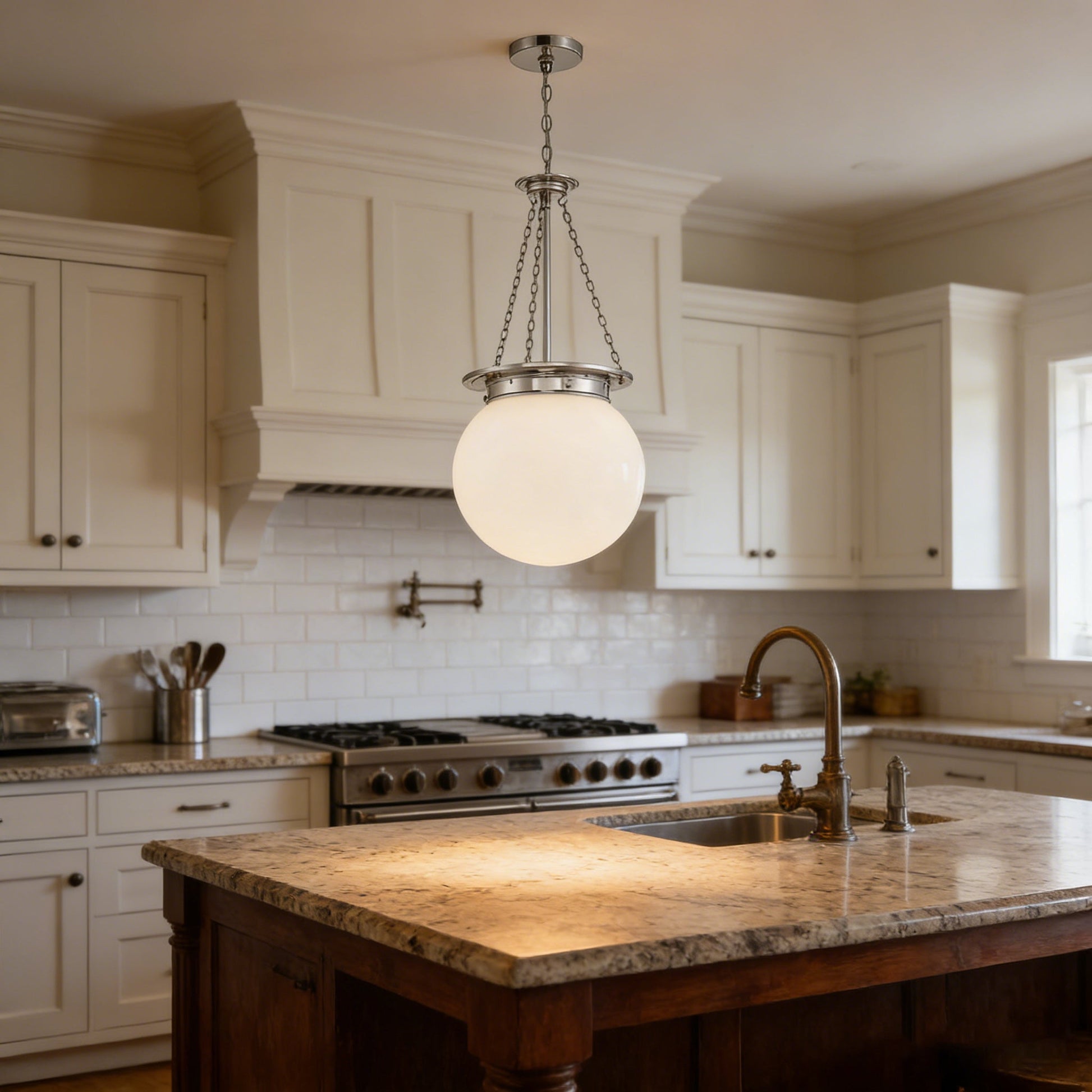 Detail shot of the black finish and glass lampshade of the Manor Pendant.