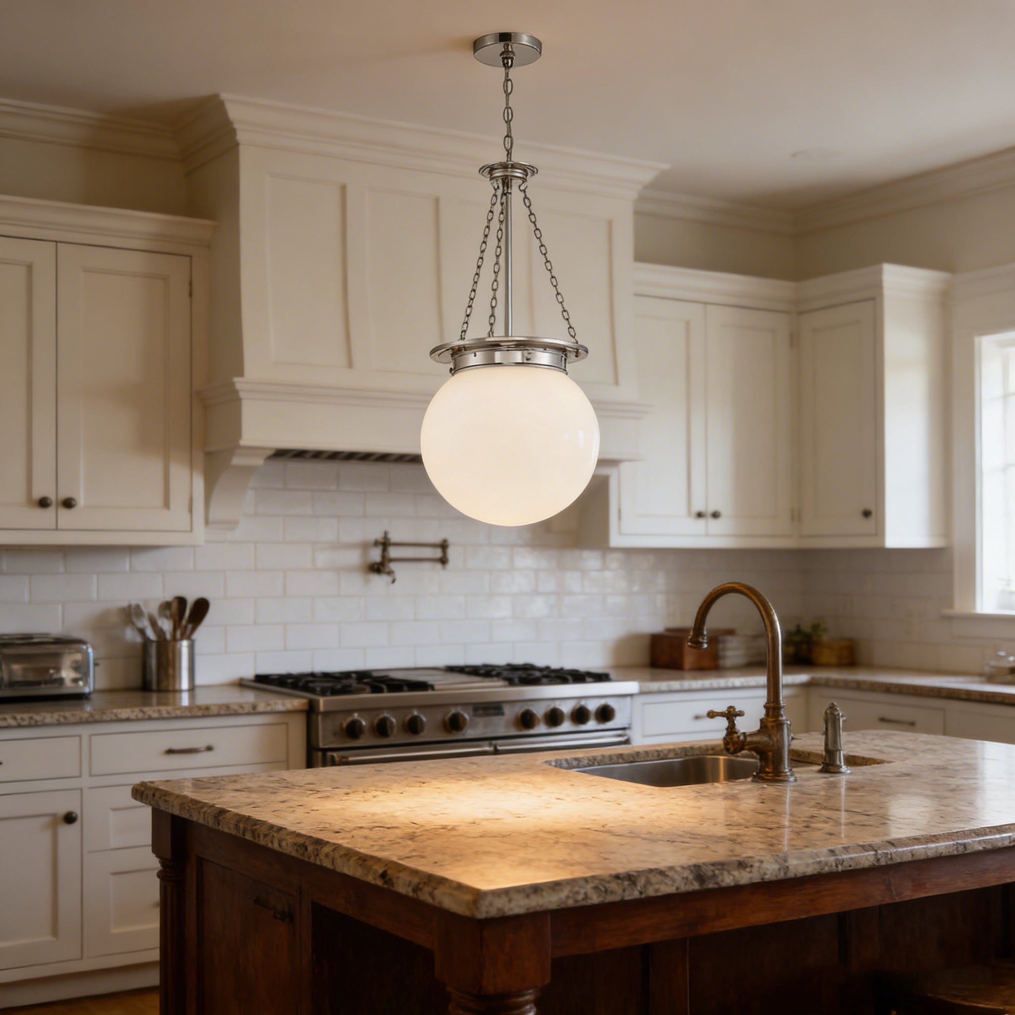 Detail shot of the black finish and glass lampshade of the Manor Pendant.