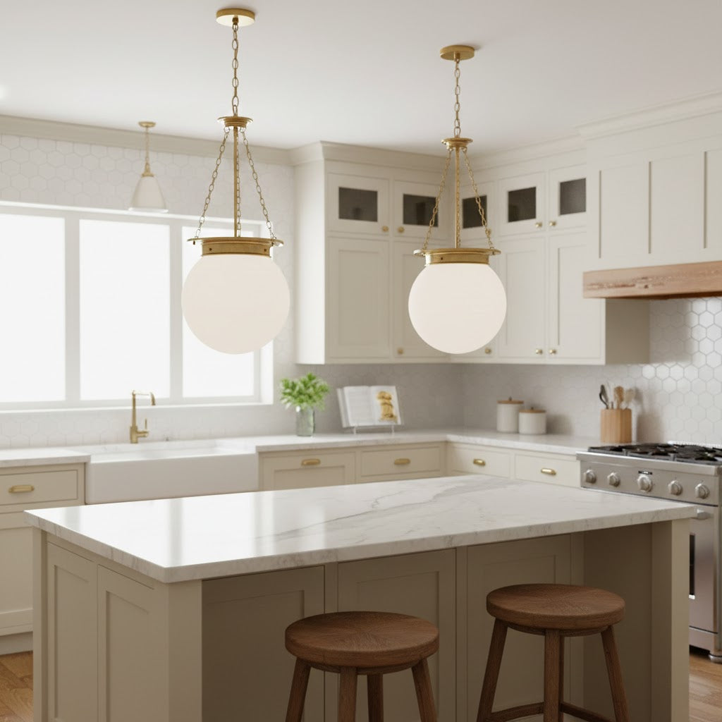 Manor Pendant Lamp illuminating a kitchen island.