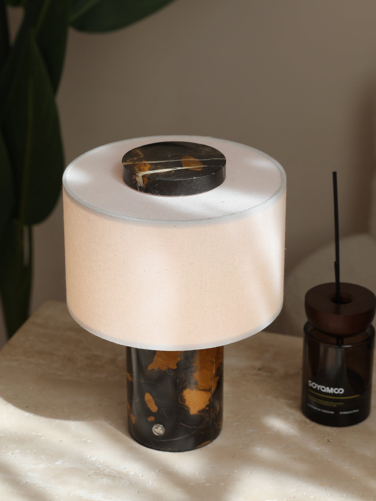 Kalvy Cylindrical Yellow Travertine Table Lamp-Neutral Decor