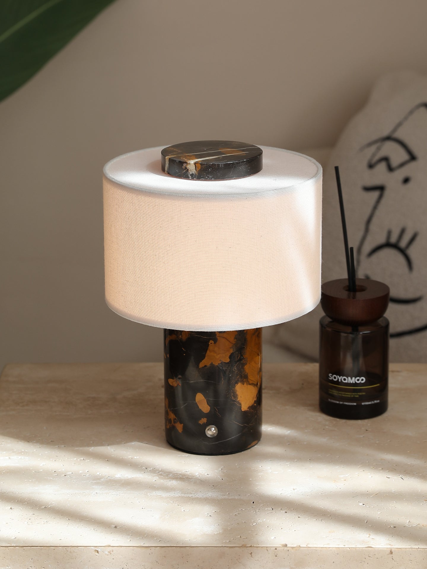 Kalvy Cylindrical Yellow Travertine Table Lamp-Neutral Decor