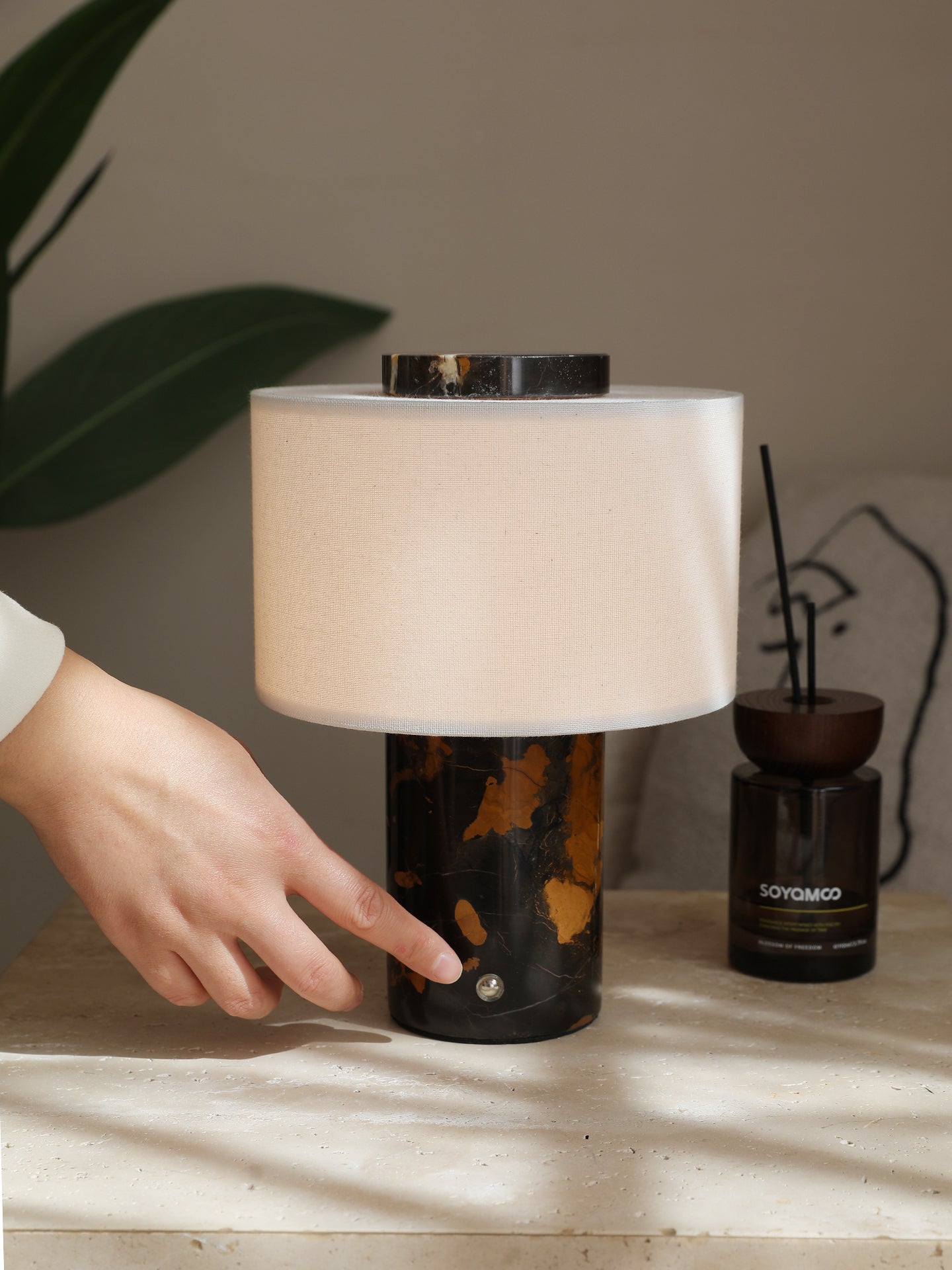 Kalvy Cylindrical Yellow Travertine Table Lamp-Neutral Decor