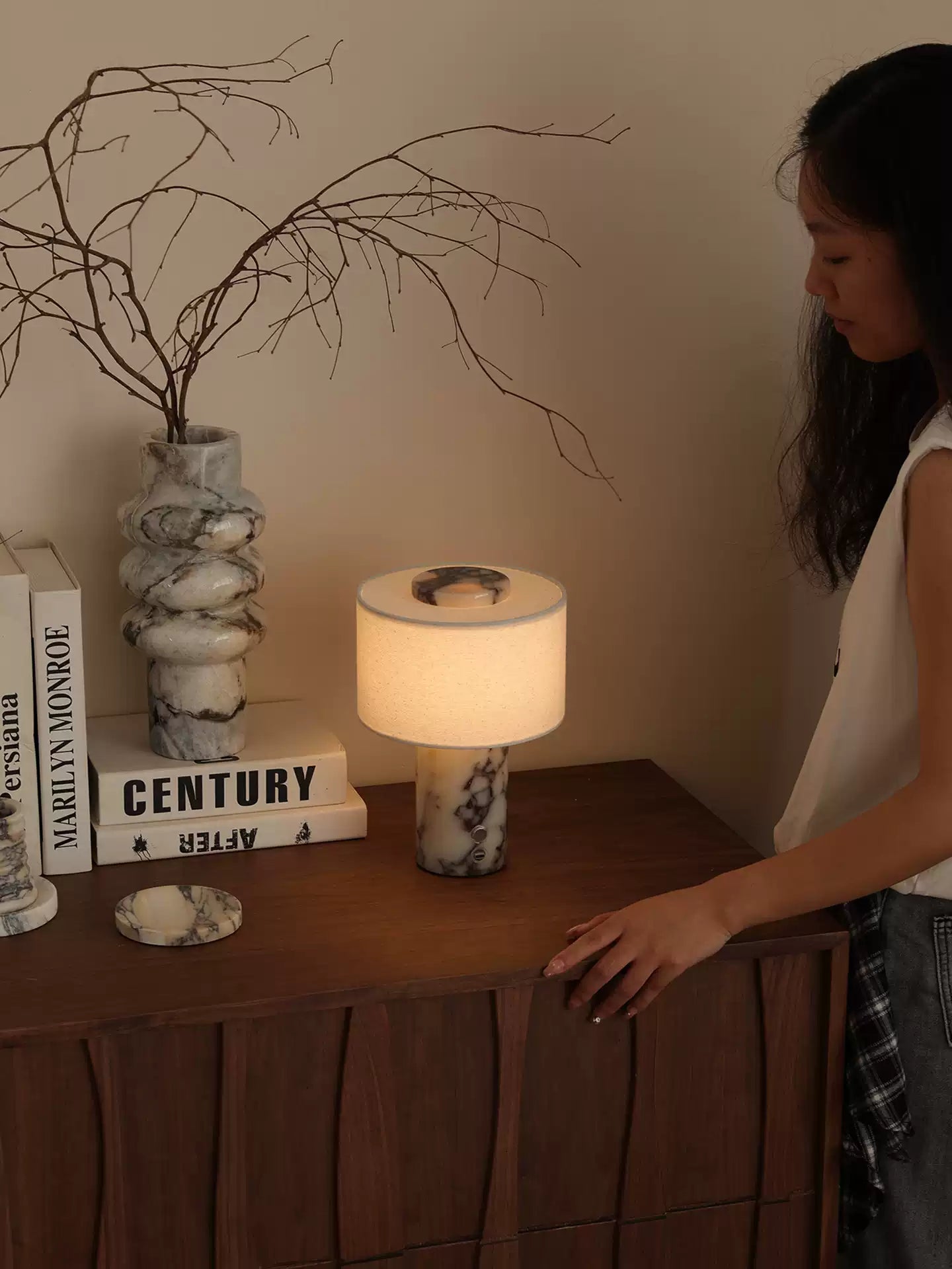 Kalvy Cylindrical Yellow Travertine Table Lamp-Neutral Decor