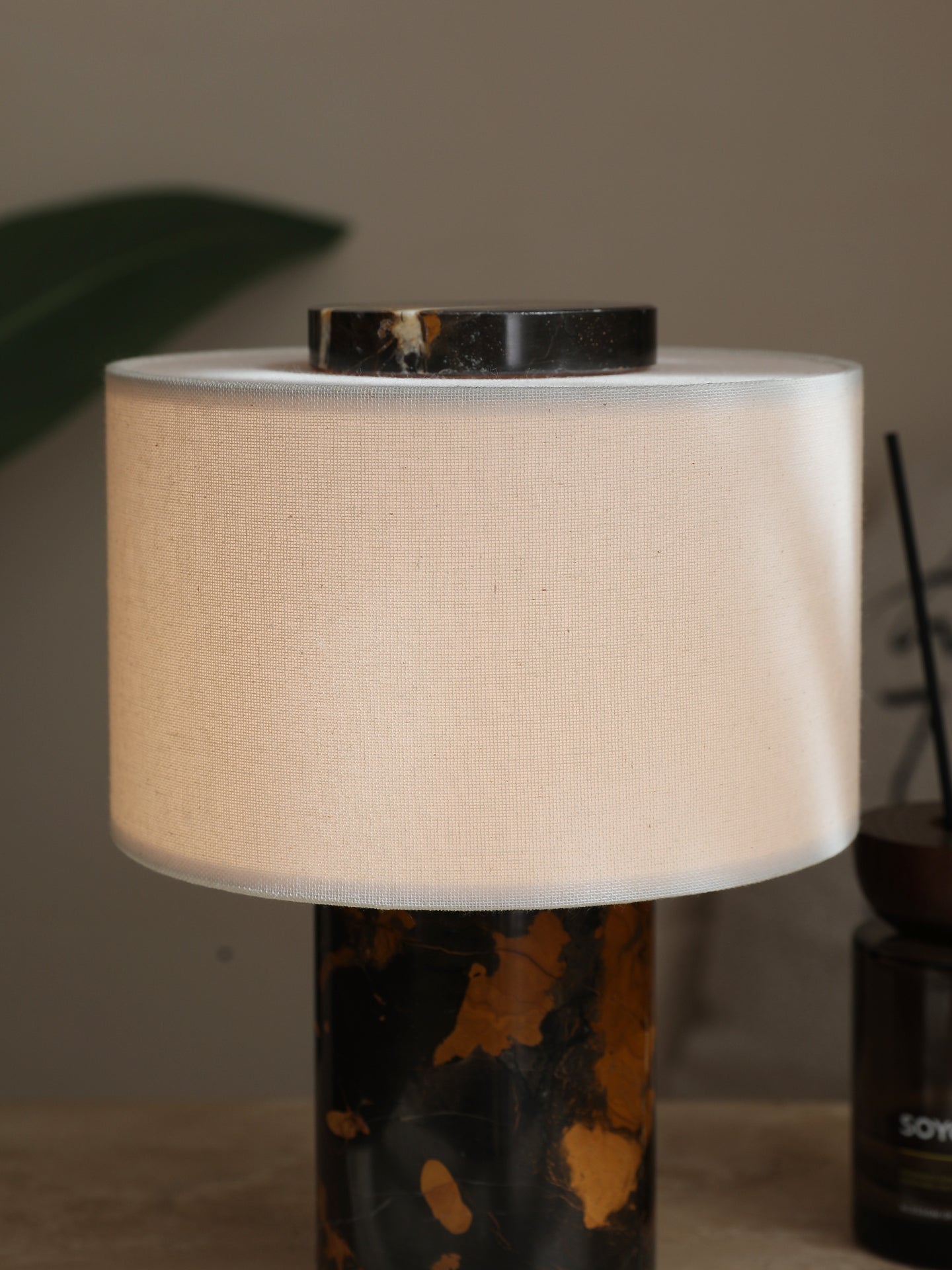 Kalvy Cylindrical Yellow Travertine Table Lamp-Neutral Decor