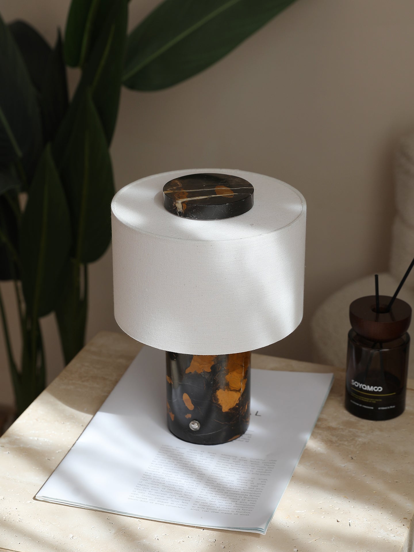 Kalvy Cylindrical Yellow Travertine Table Lamp-Neutral Decor