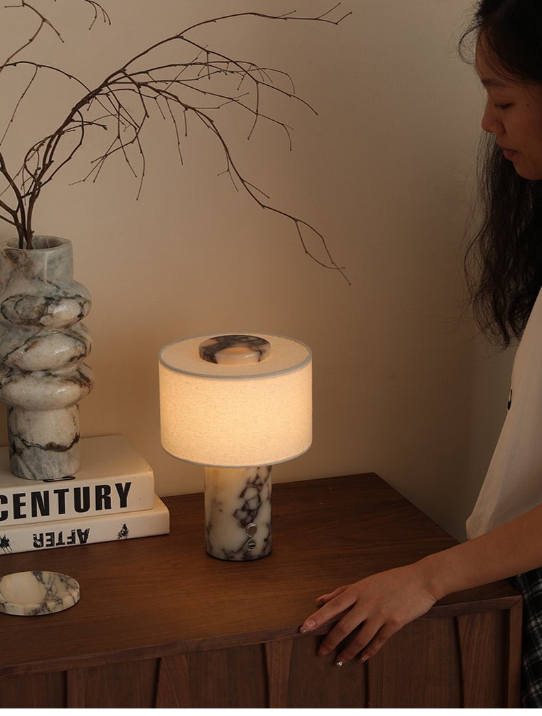 Kalvy Cylindrical Yellow Travertine Table Lamp-Neutral Decor