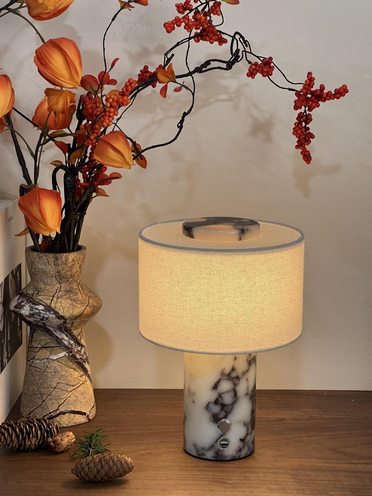 Kalvy Cylindrical Yellow Travertine Table Lamp-Neutral Decor