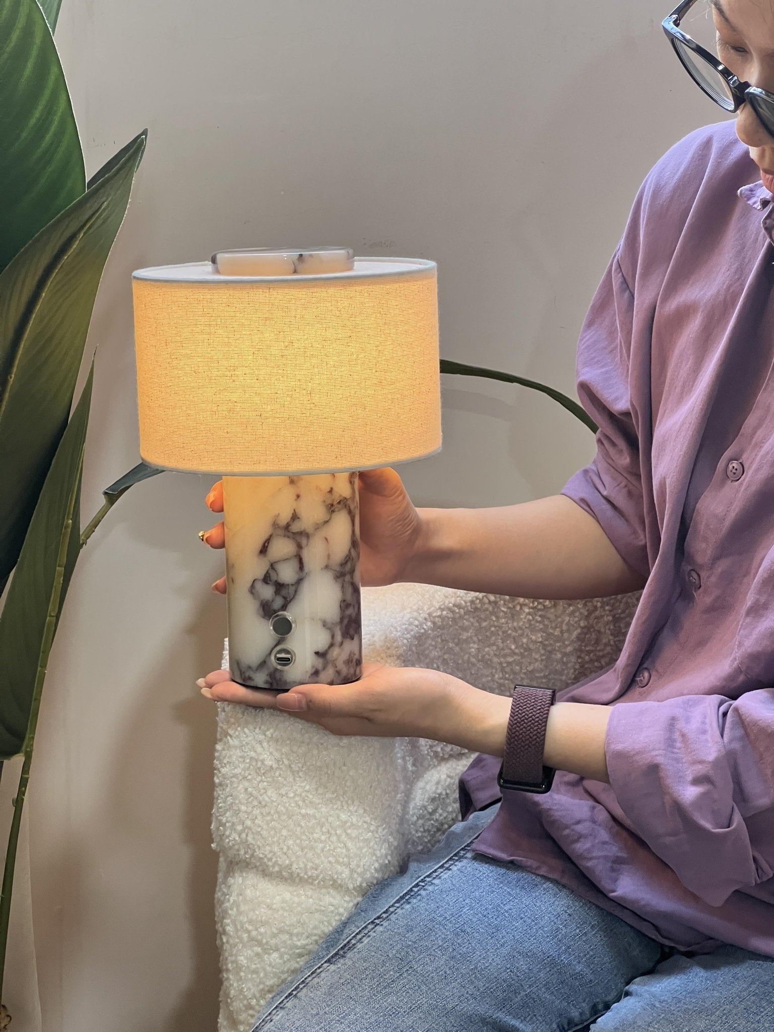 Kalvy Cylindrical Yellow Travertine Table Lamp-Neutral Decor