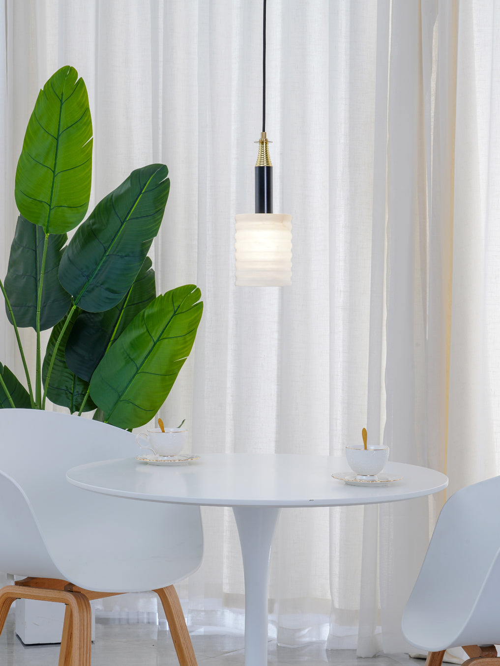 Alabaster Pendant Lamp Ribbed Cylinder