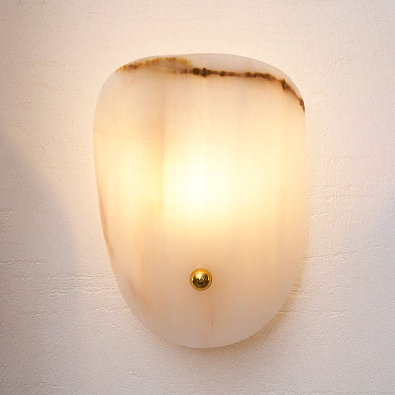 White glass and marble wall lamp, unlit.