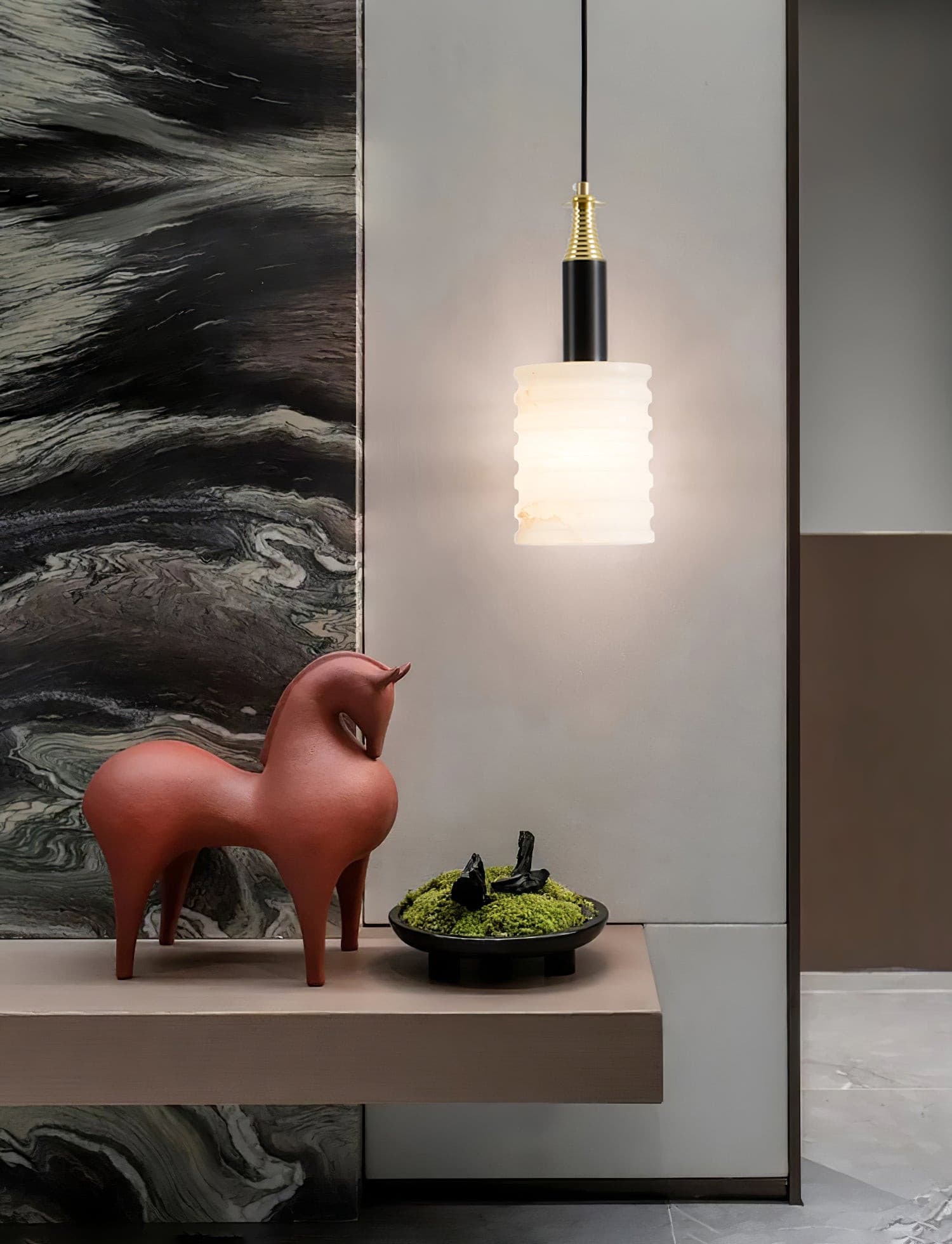 Alabaster Pendant Lamp Ribbed Cylinder
