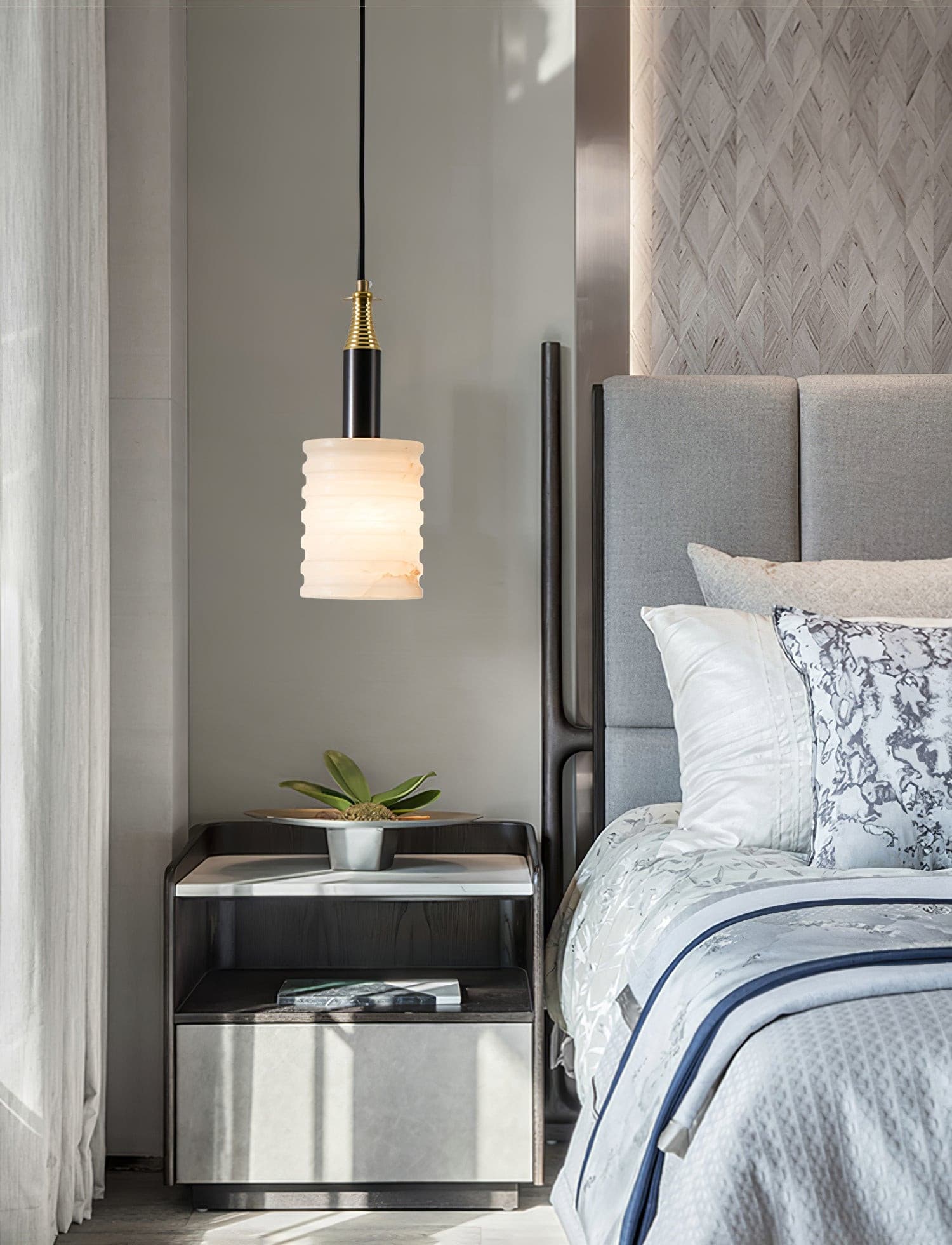 Alabaster Pendant Lamp Ribbed Cylinder