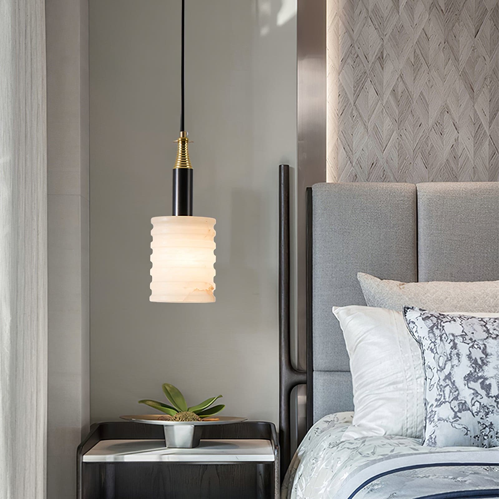 Alabaster Pendant Lamp Ribbed Cylinder