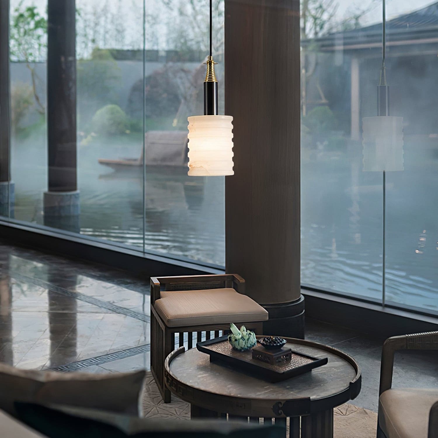 Alabaster Pendant Lamp Ribbed Cylinder