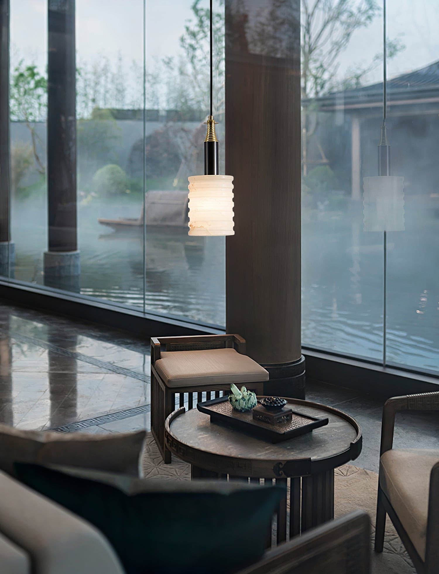 Alabaster Pendant Lamp Ribbed Cylinder