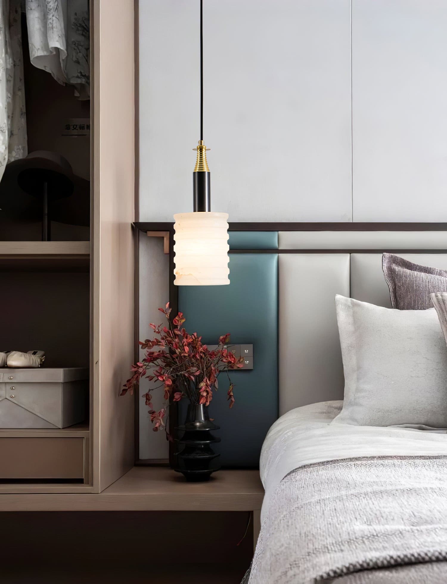 Alabaster Pendant Lamp Ribbed Cylinder