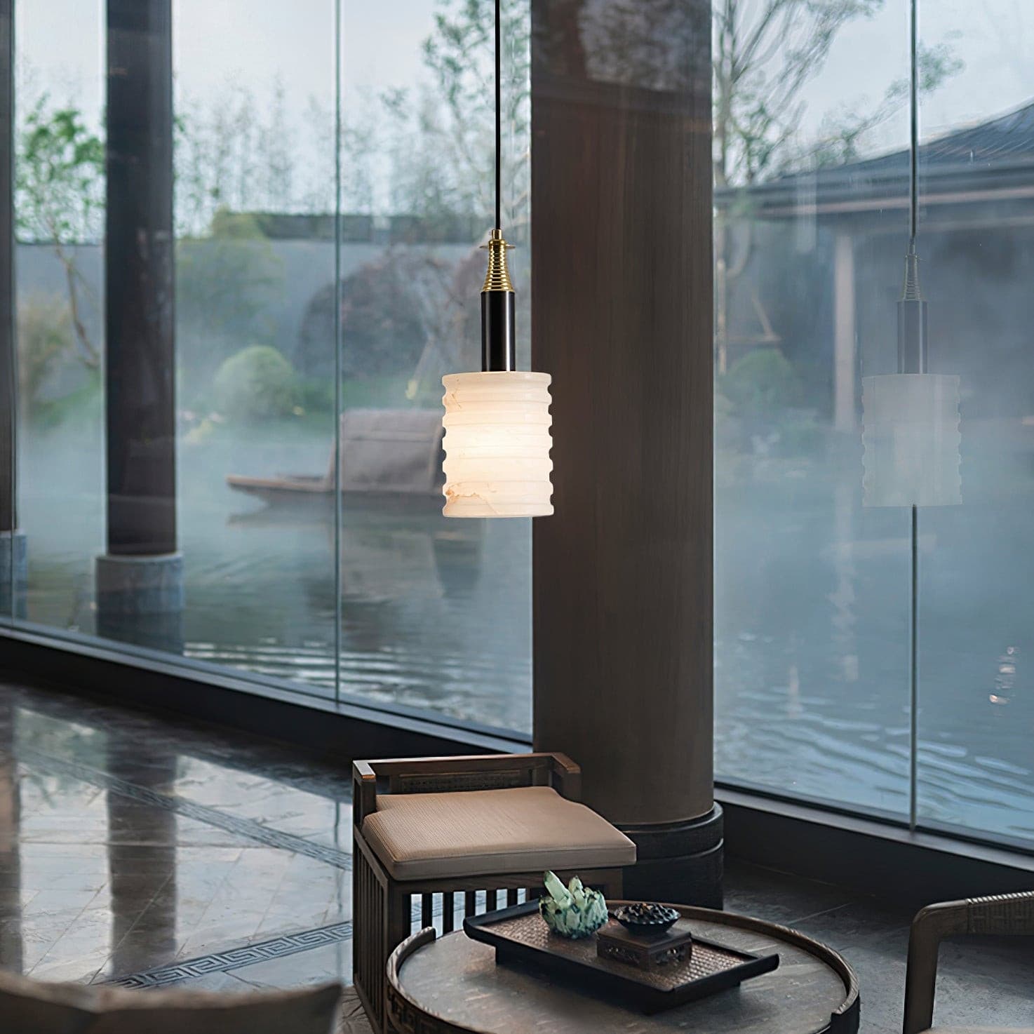 Alabaster Pendant Lamp Ribbed Cylinder