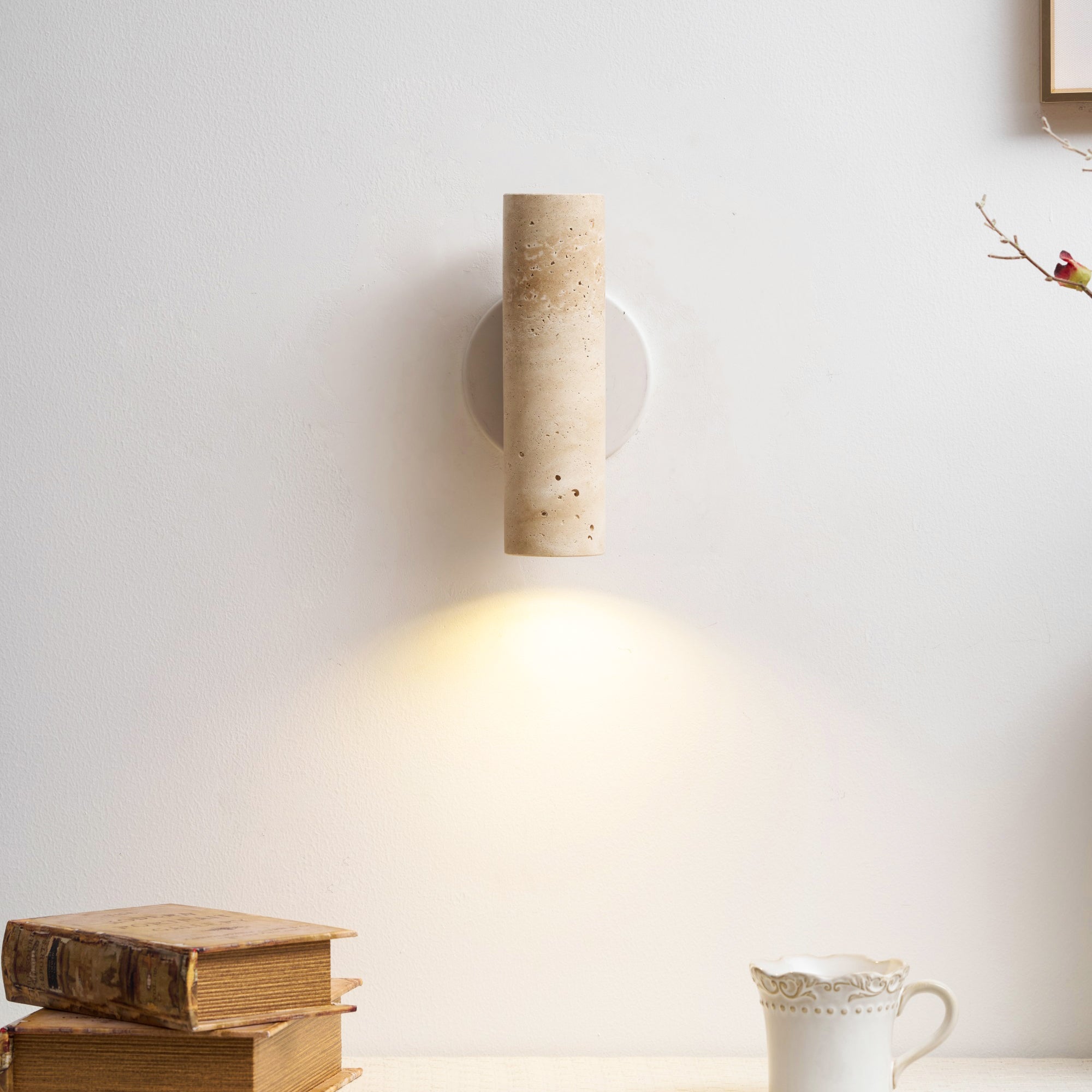Bira Cylinder-Wood Travertine Wall Light-Neutral Decor