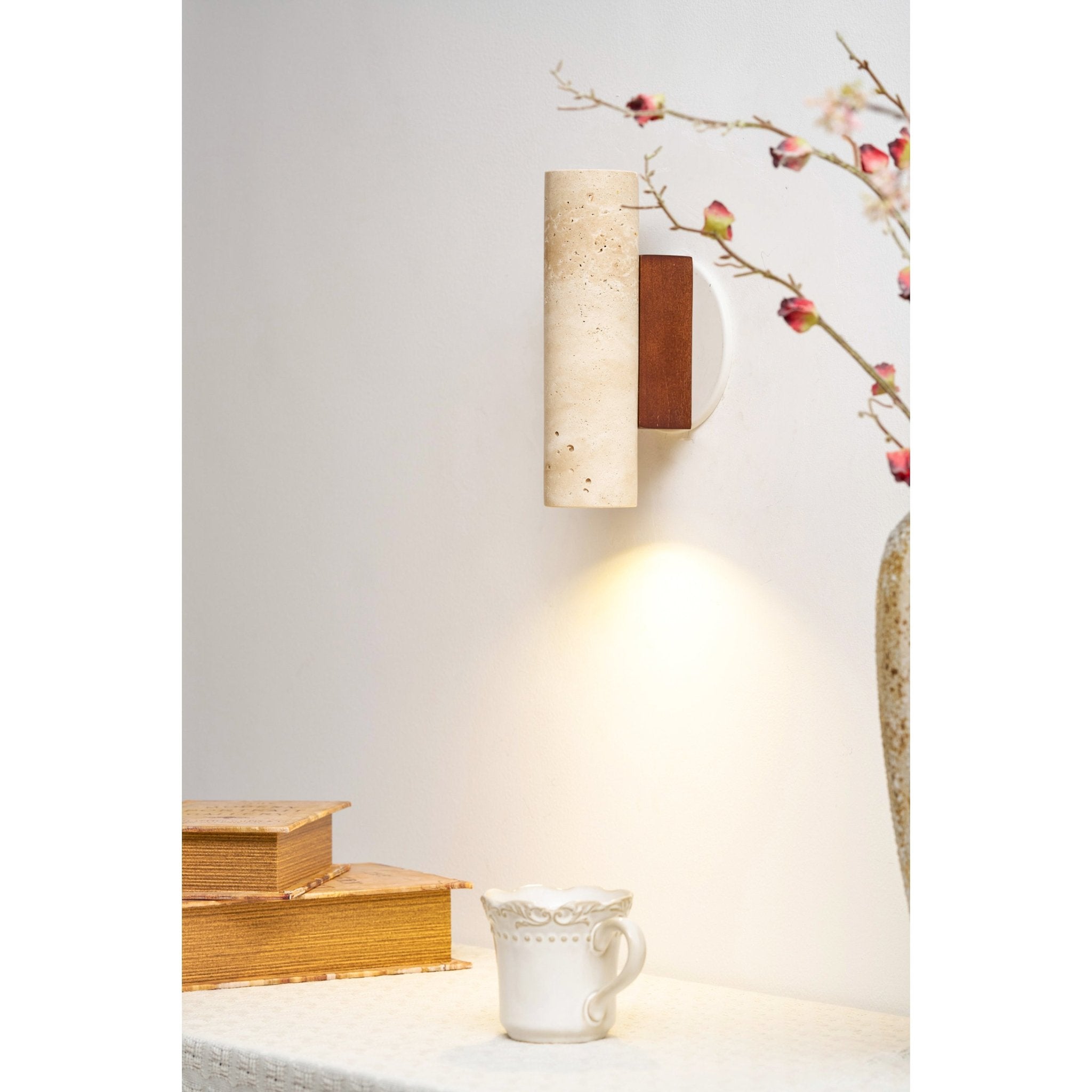 Bira Cylinder-Wood Travertine Wall Light-Neutral Decor