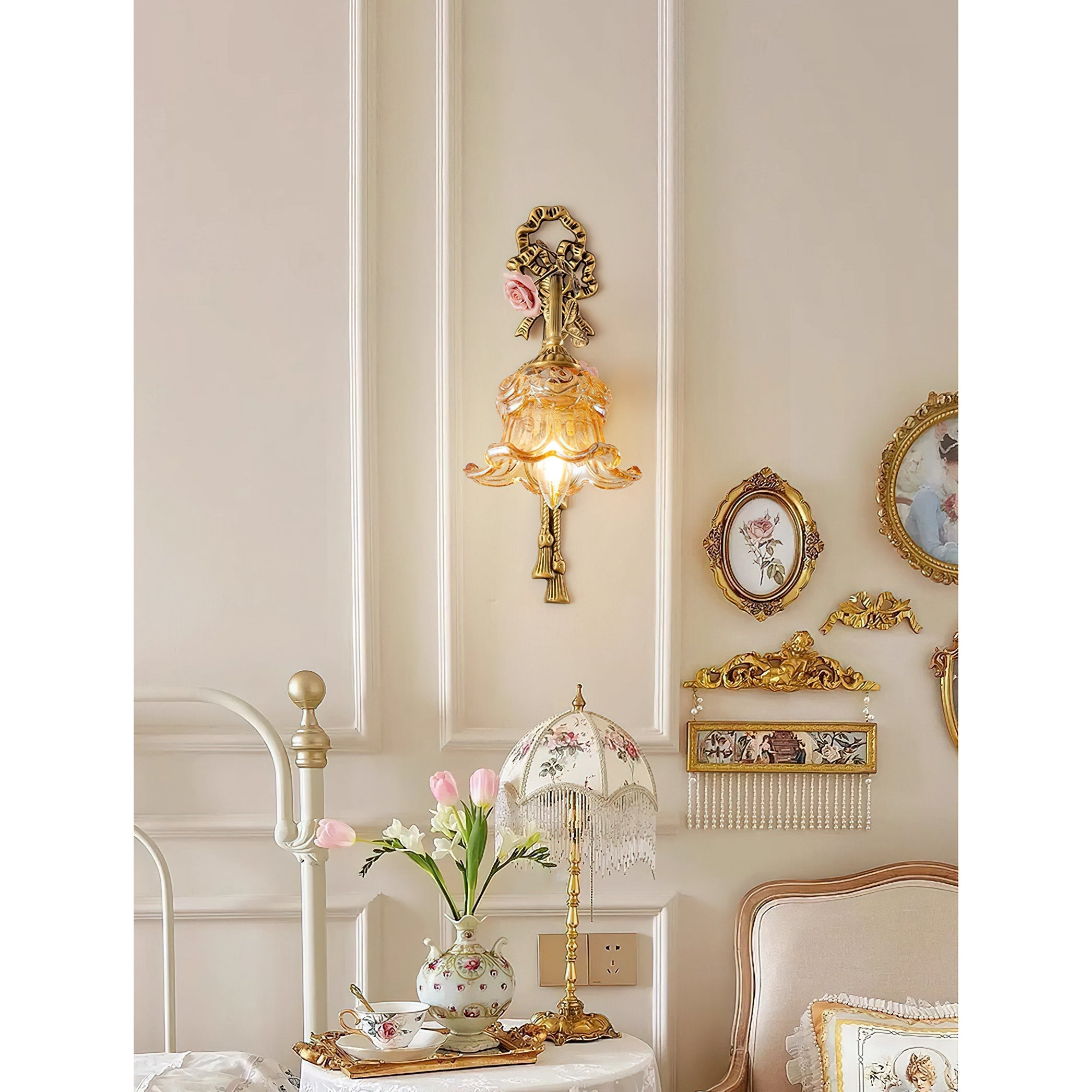 The lamp shown unlit to highlight the material textures of brass, glass, and ceramic.