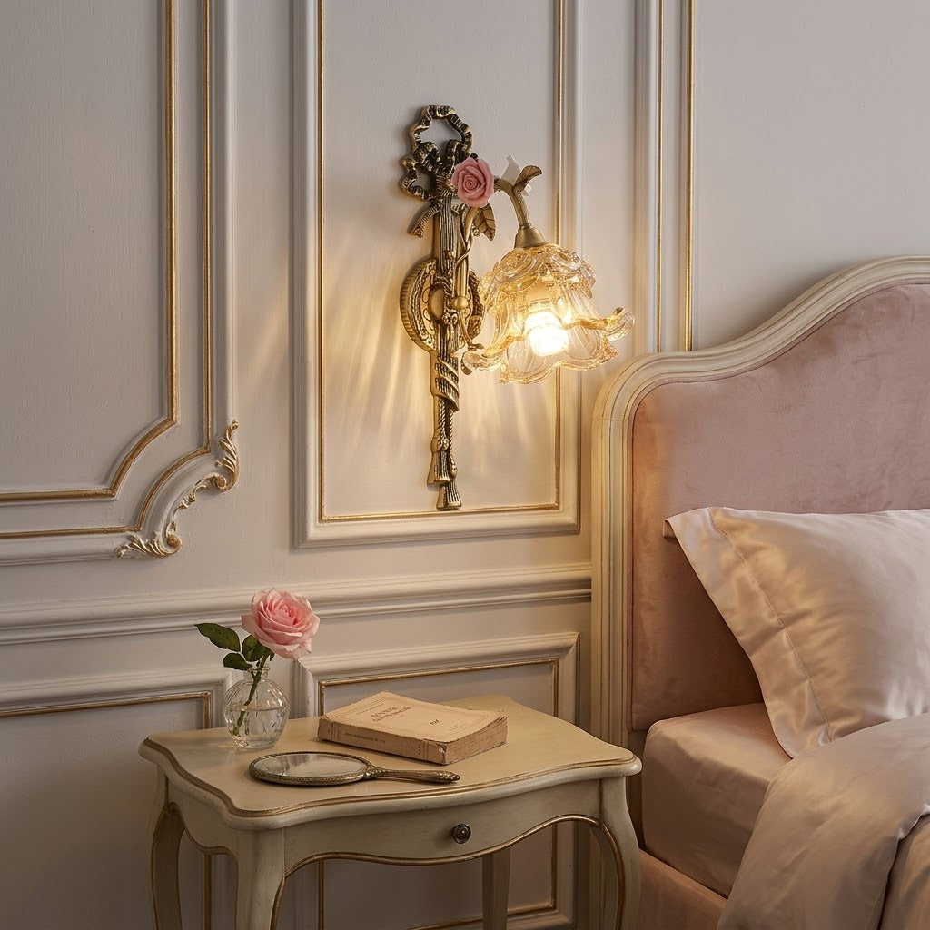 Close-up of the delicate ceramic flower detail on the Margaux wall lamp.