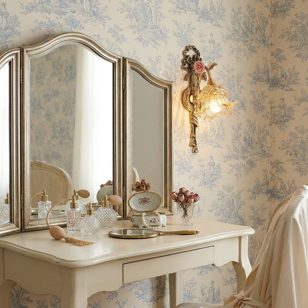 White ceramic flower and clear glass shade on the brass body of the wall lamp.