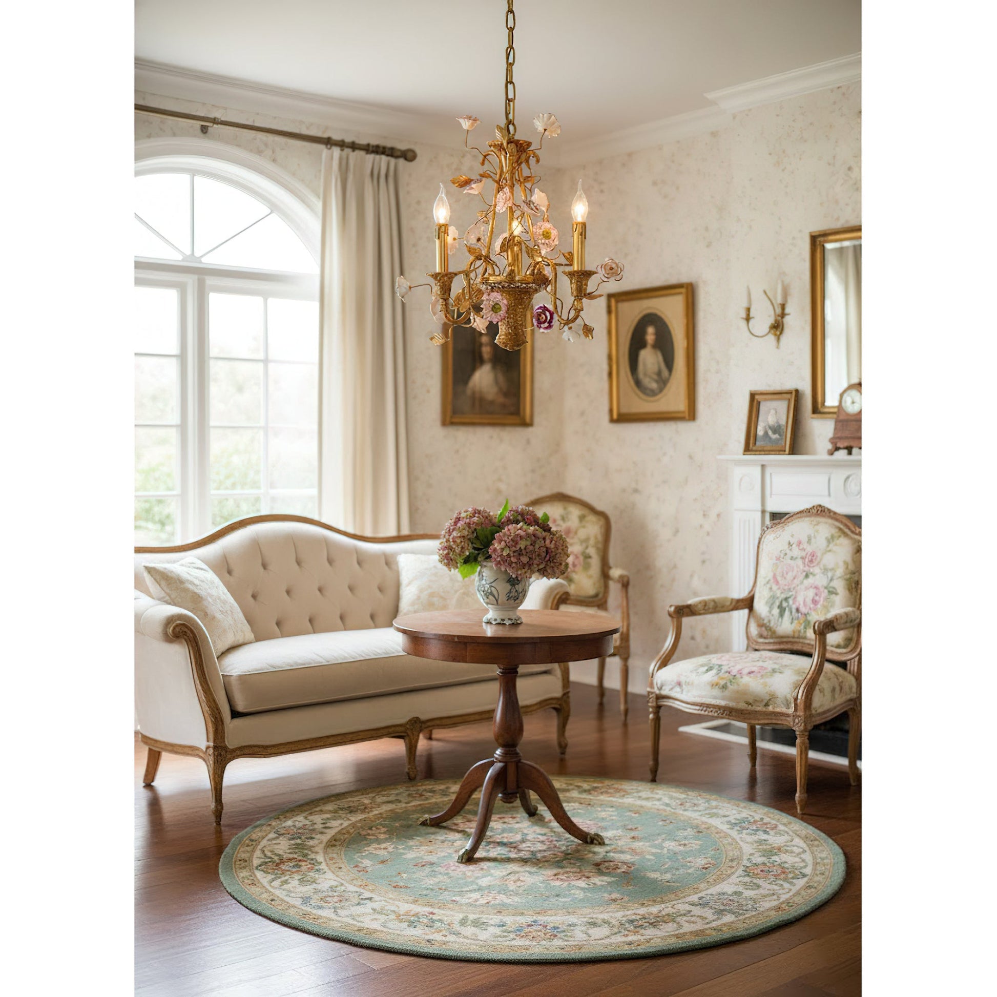 Bottom view of the chandelier, showing the arrangement of lights and flowers.