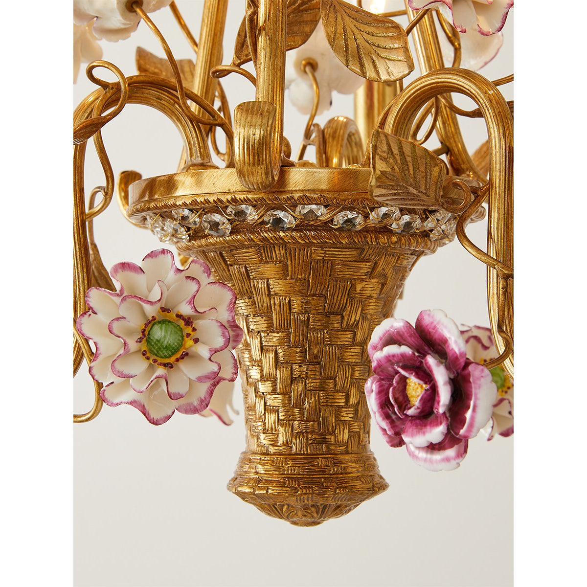 The chandelier unlit, showing its decorative quality.